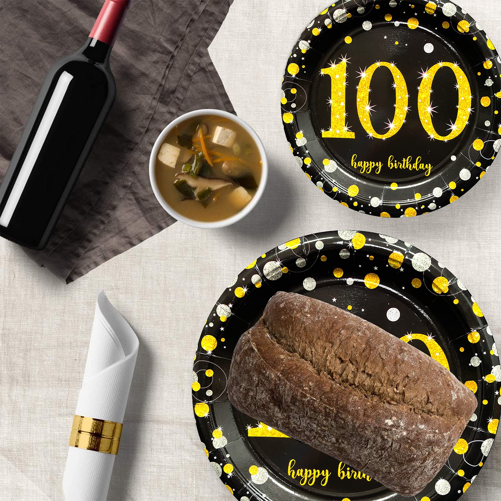 Trgowaul 100th Birthday Party Supplies Set - 24-Piece Black & Gold Disposable Plates, Napkins, Cups, Cutlery & Table Cover with Decor Balloons & Banner - Elegant Centennial Celebration Decorations for Adults & Seniors