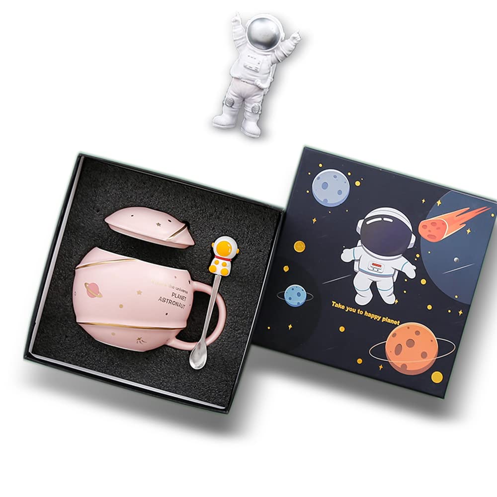 YDSimple Kawaii Astronaut Planet Ceramic Coffee Mug with Lid, Spoon & Box - 14oz Cute Tea & Milk Cup for Women, Wife, Daughter, Sister & Kids - Perfect for Home, Office & Gifts (Pink)