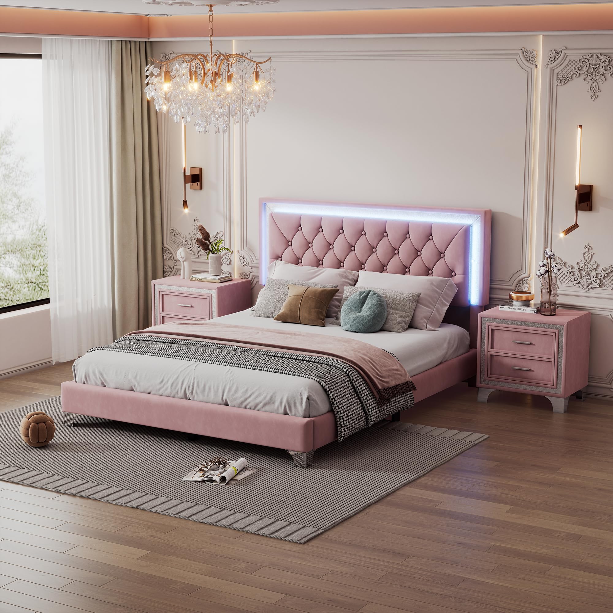 SOFTSEA 3-Piece Pink Velvet Queen Bedroom Set with LED Lights - Upholstered Platform Bed Frame with Headboard & 2 Nightstands, No Box Spring Needed | Modern Bedroom Decor for Master Bedroom, Guest Room or Apartment