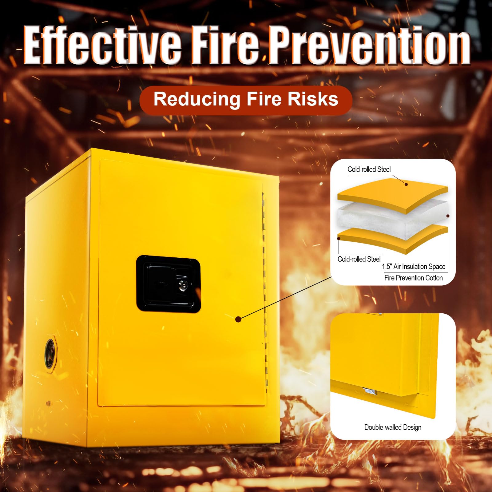 TFCFL 4 Gallon Yellow Galvanized Steel Flammable Safety Storage Cabinet - 1 Door Manual Countertop Chemical Cabinet for Home, Workshop & Industrial Use | Fireproof Hazardous Material Organizer for Paint, Solvents & Cleaning Supplies