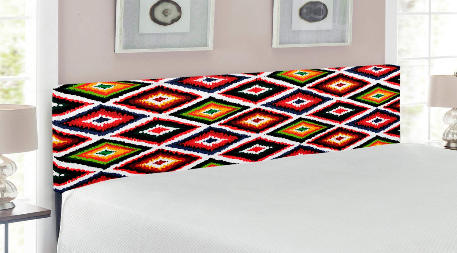 Ambesonne Ikat Upholstered Headboard King Size - Vintage Inspired Geometric Design with Memory Foam Padding | Perfect for Master Bedroom, Guest Room & Bohemian Home Decor
