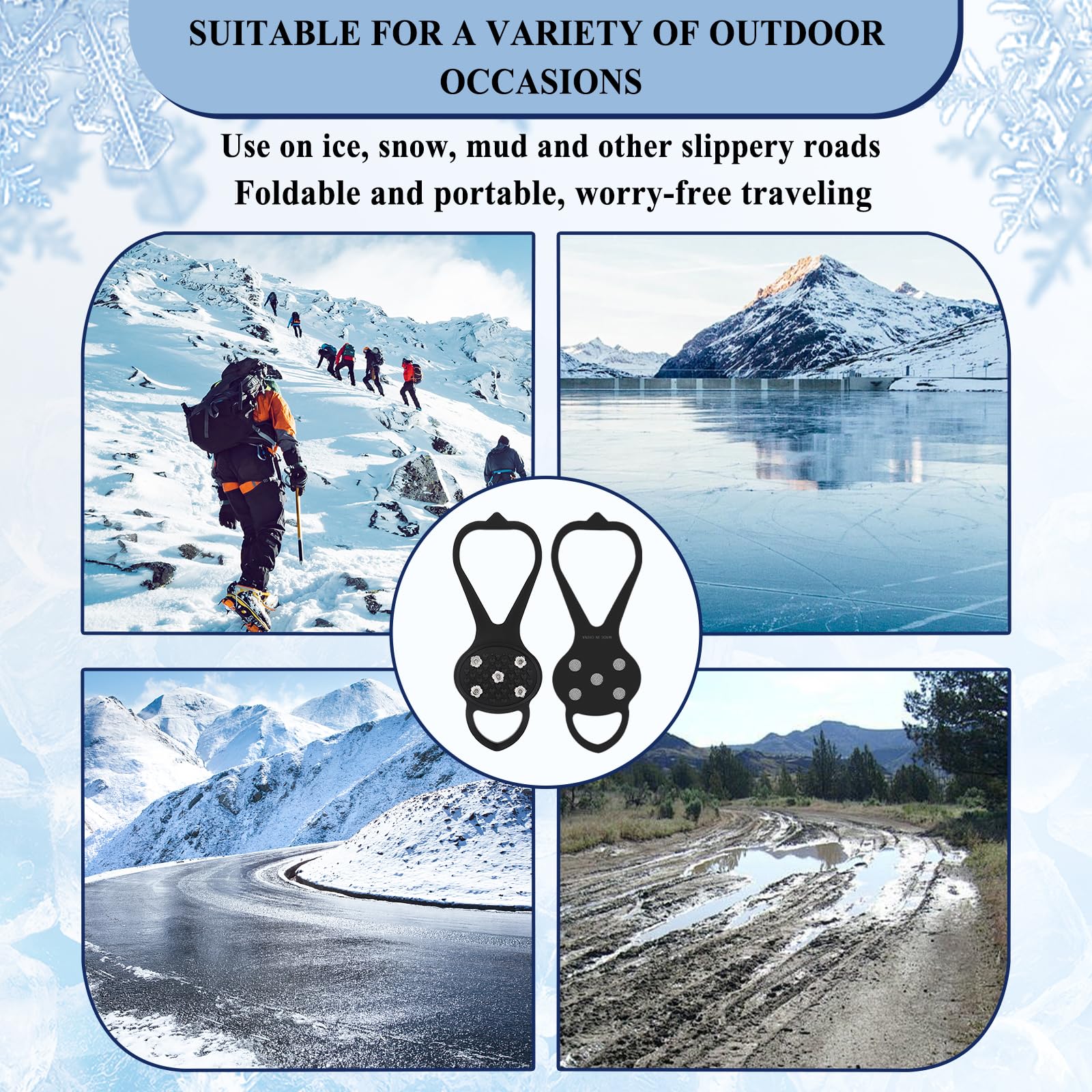 Non-Slip Ice Cleats for Shoes & Boots - Universal Gripper Spikes with 5 Steel Studs | Traction Cleats for Walking, Running, Hunting, Fishing | Perfect for Winter Sports, Hiking & Outdoor Activities