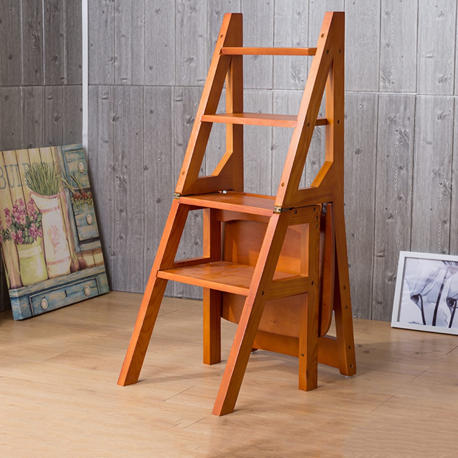 Wooden Folding Step Stool - 4 Step Ladder Chair with Non-Slip Surface for Indoor Use | Compact Stool for Kitchen, Bathroom, Closet & Home Organization