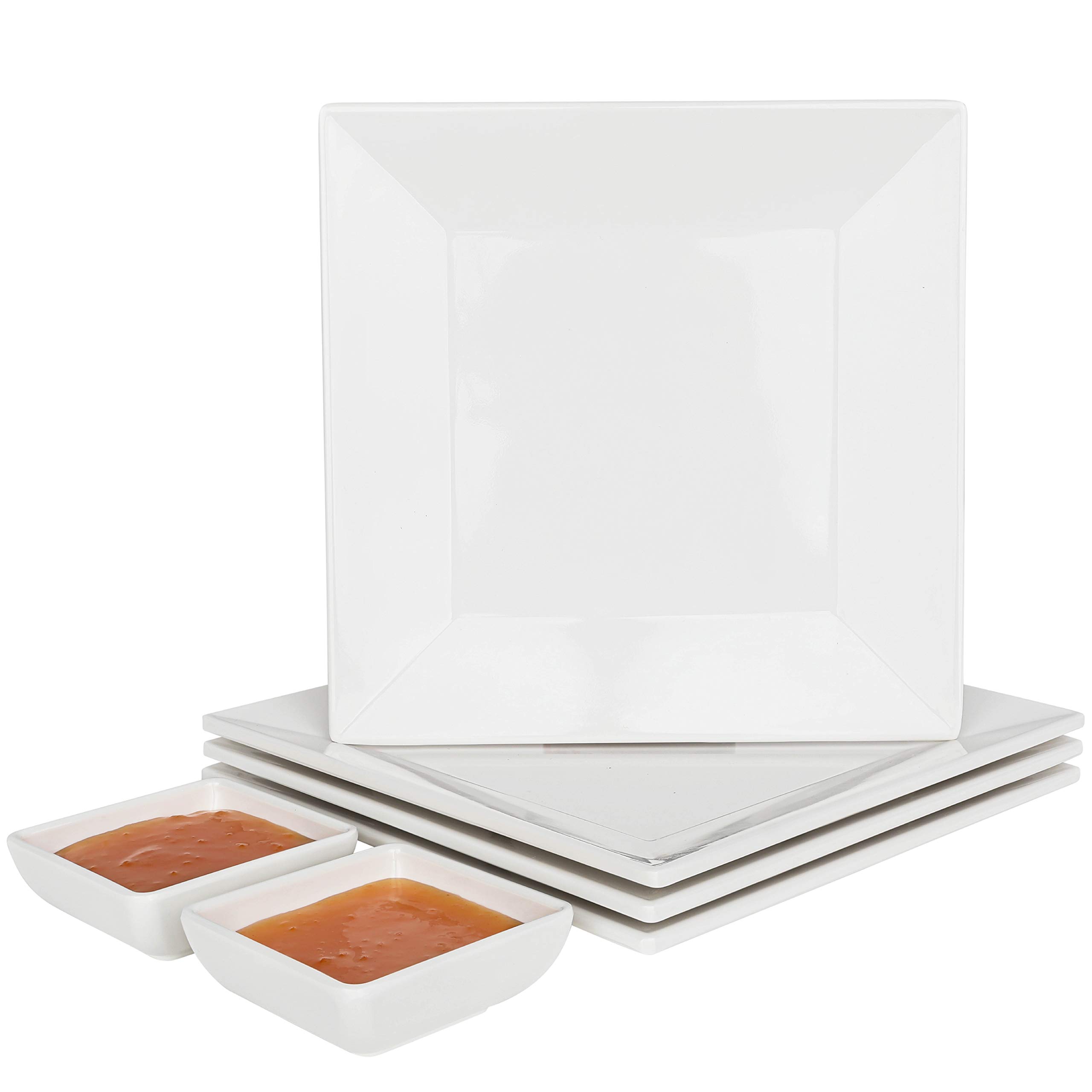 [6 Sets of 4] 10x10 Inch White Square Melamine Plates - Unbreakable Elegant Dinnerware Set with Sauce Dish - Perfect for Restaurants, Picnics, Parties & Outdoor Dining