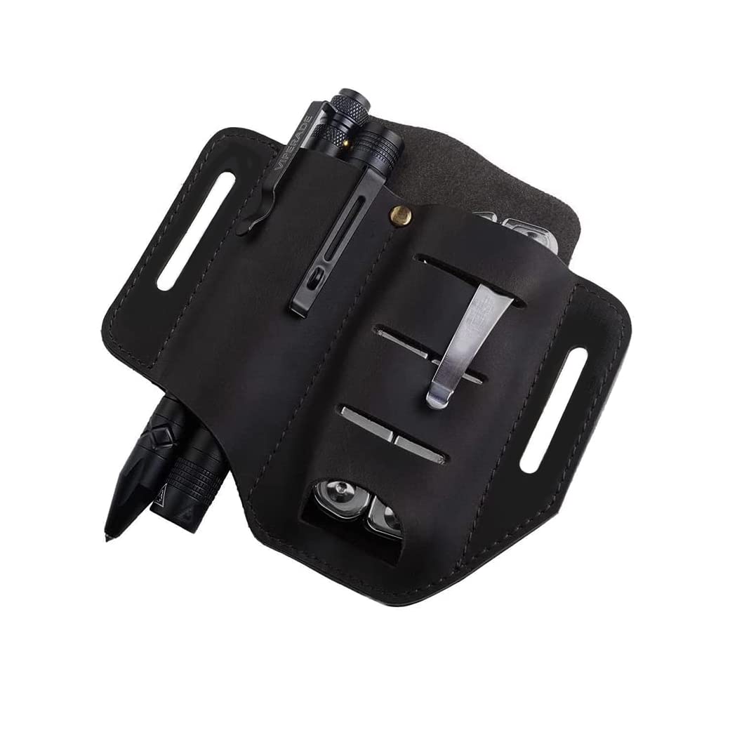 VIPERADE PJ8 Small EDC Leather Sheath for Belt - Handmade 2 Pocket Multitool Organizer - Durable Leather EDC Pouch for Men - Perfect for Camping, Hiking & Everyday Carry