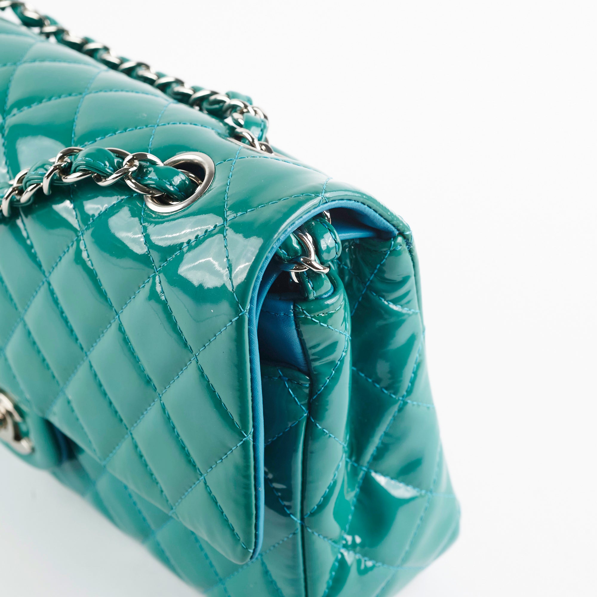 Chanel Quilted Patent Leather Medium Large Classic Flap Bag in Teal - Luxury Handbag for Women, Perfect for Parties, Work & Special Occasions