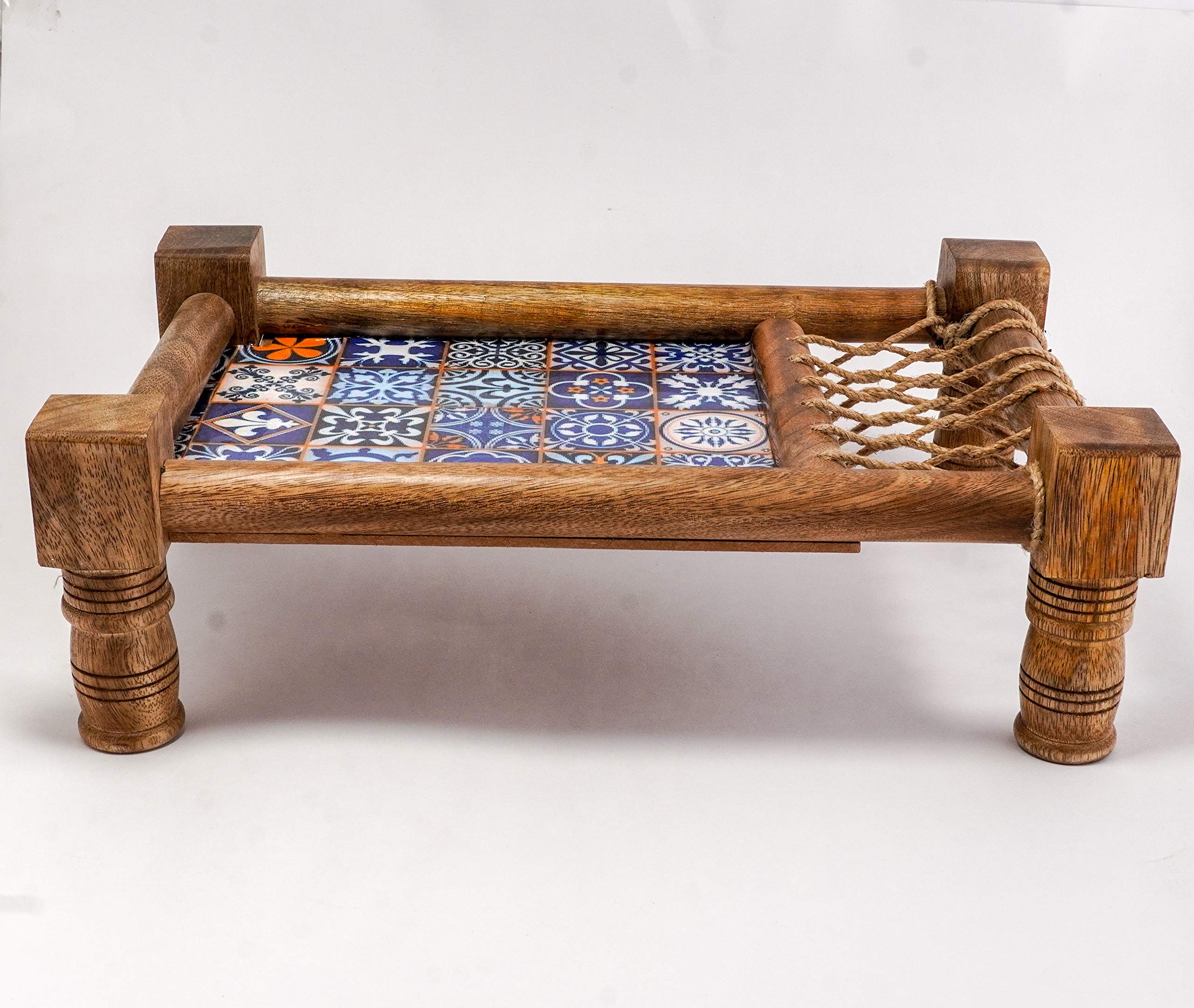 Handmade Decorative Wooden Tray for Snacks & Drinks - Traditional Indian Style Cot Tray with Jute Thread Weaving - Multi-Purpose Serving Tray 16