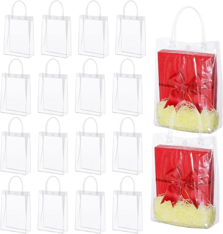 SATYAM KRAFT 24 Pack Clear Plastic Gift Bags with Handles - 13.4 Inch Tall Goodie Bags for Valentine's Day, Weddings, Birthdays & Parties | Reusable Shopping Bags for Favors, Presents & Return Gifts | Perfect for Holidays, Festivals & Special Events