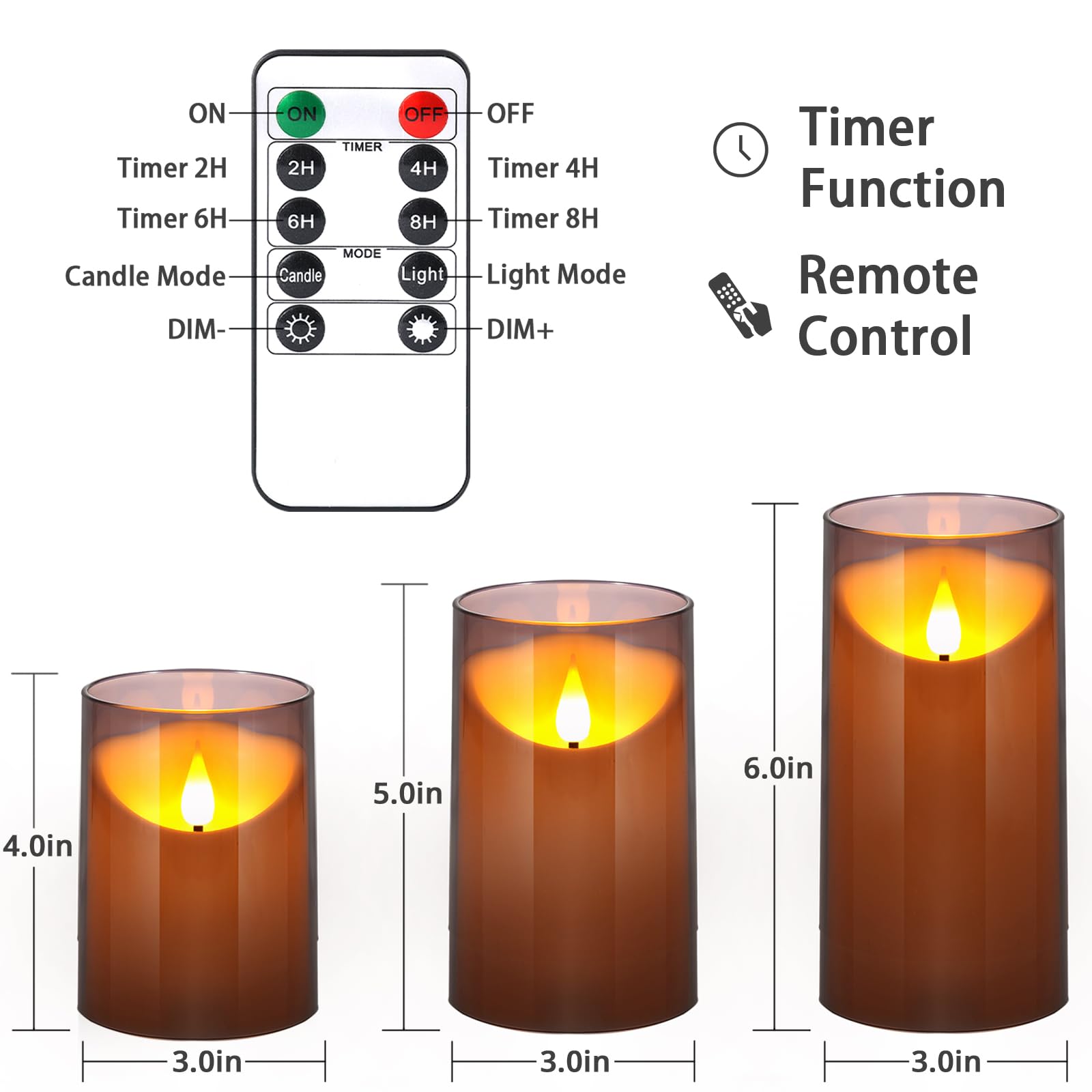 NURADA Flameless LED Candles with Remote & Timer - 3D Wick Battery Operated Unbreakable Acrylic Pillar Candles Set (3-Pack, Grey) for Home Decor, Wedding, Romantic Dinner & Holiday Ambiance Lighting