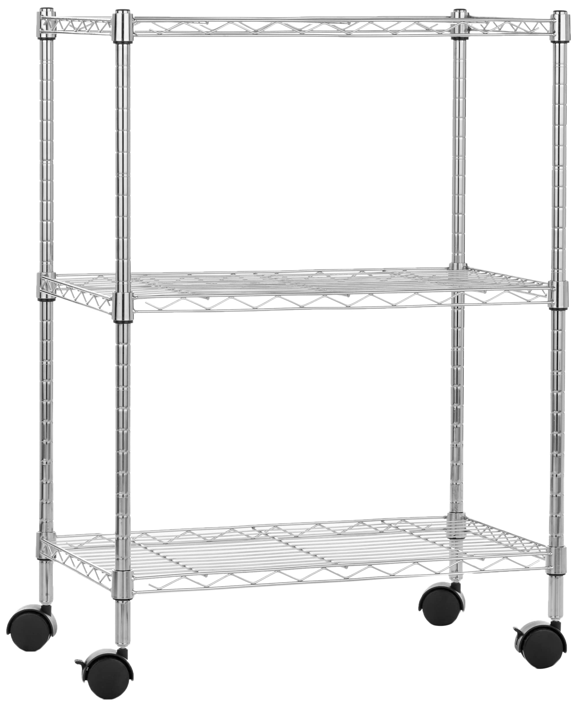 Amazon Basics 3-Tier Narrow Chrome Utility Cart with Wheels, Adjustable Shelves & Legs, 750 lbs Capacity, 34 x 58.9 x 83.2 cm (DxWxH) - Perfect for Kitchen, Garage, Office, or Workshop Storage & Organization
