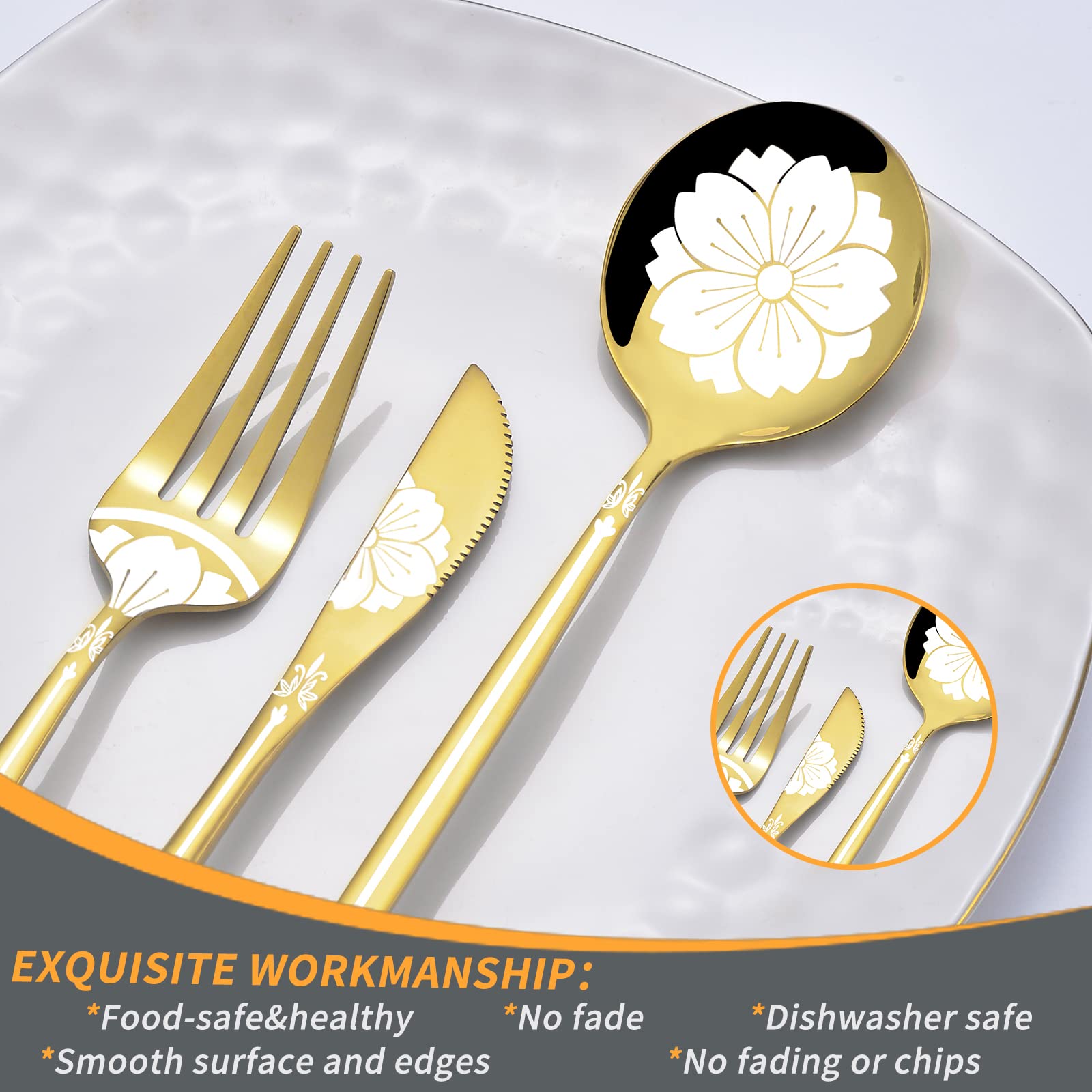 20-Piece Stainless Steel Gold Silverware Set with Elegant Pattern - Flatware Set for 4 People by LaienLife (Forks, Spoons, Teaspoon) - Mirror Polished, Dishwasher Safe - Perfect for Home Dining, Parties, and Kitchen Use
