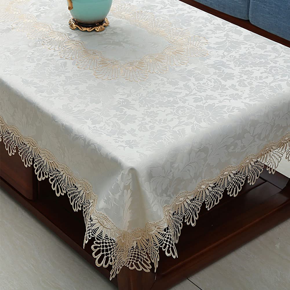 Luxury Floral Embroidered Tablecloth - European Style Lace Trim Coffee Table Cover 57x57 Inch Wrinkle-Free Fabric for Dining Room, Kitchen, Wedding & Home Decor