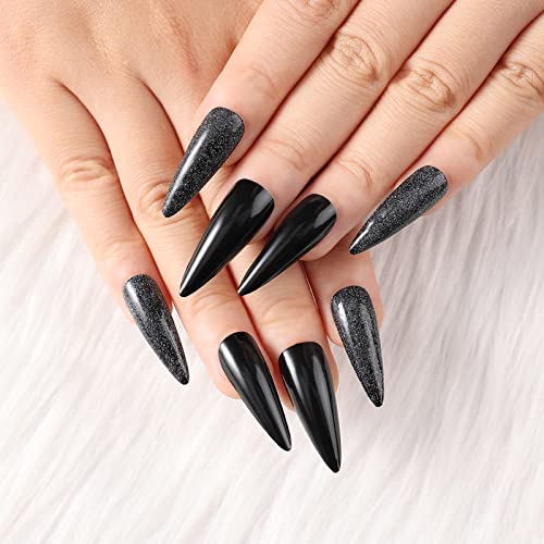 Artquee 24pcs Black Long Stiletto Press on Nails - Glossy Fake Nails with 4pcs Full Tiny Glitter Tips - Easy DIY Manicure for Women & Girls - Perfect for Parties, Weddings & Special Occasions