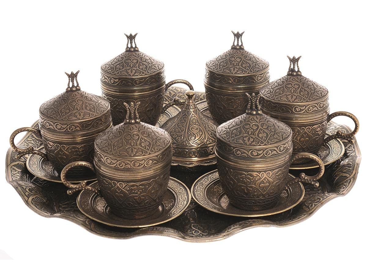 LaModaHome 6-Piece Tulip Copper Espresso Coffee Cup Set with Saucer, Lid & Tray - Porcelain Turkish/Arabic/Greek Style Coffee Cups for Women & Men - Perfect for Home, Weddings & Gift Giving - Elegant Coffee Serving Set for Afternoon Tea & Entertaining