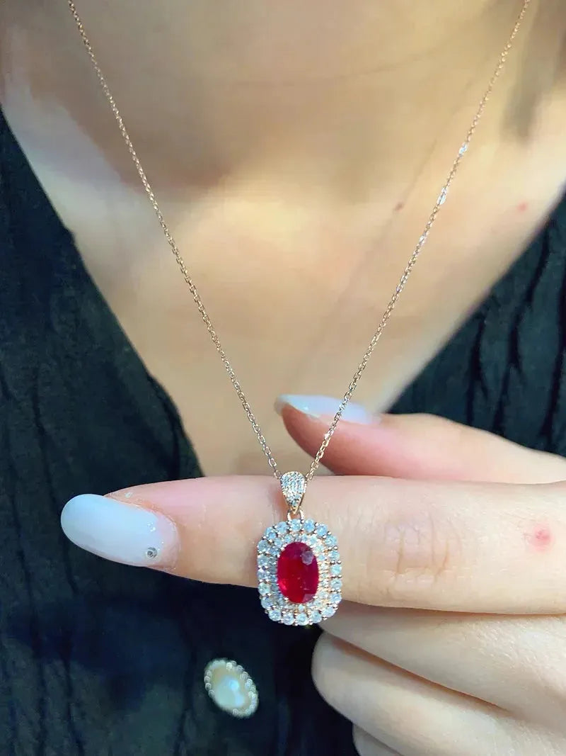 18K Rose Gold Necklace with Real Natural Ruby & Diamond - Elegant Shiny Women's Jewelry for Party, Wedding, Anniversary & Special Occasion Gifts