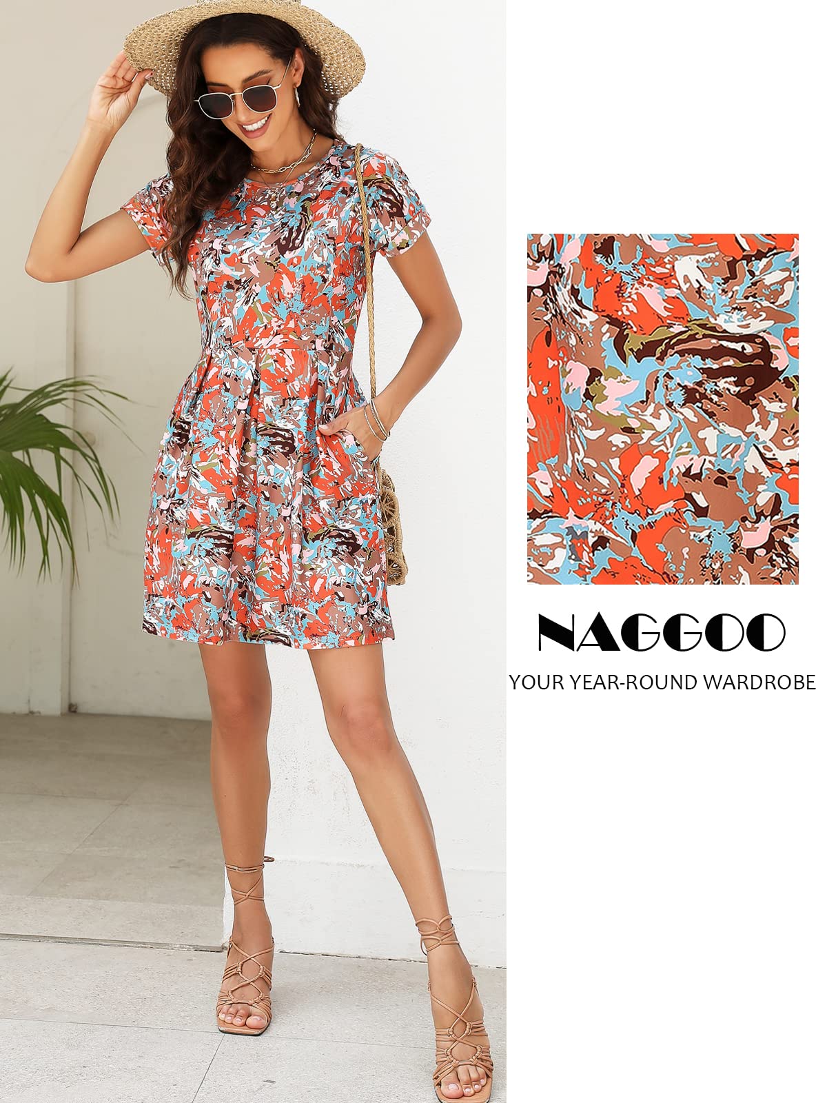 Naggoo Women's Summer Striped Short Sleeve T-Shirt Dress - Casual Swing A-Line Dress with Pockets for Beach, Vacation & Everyday Wear