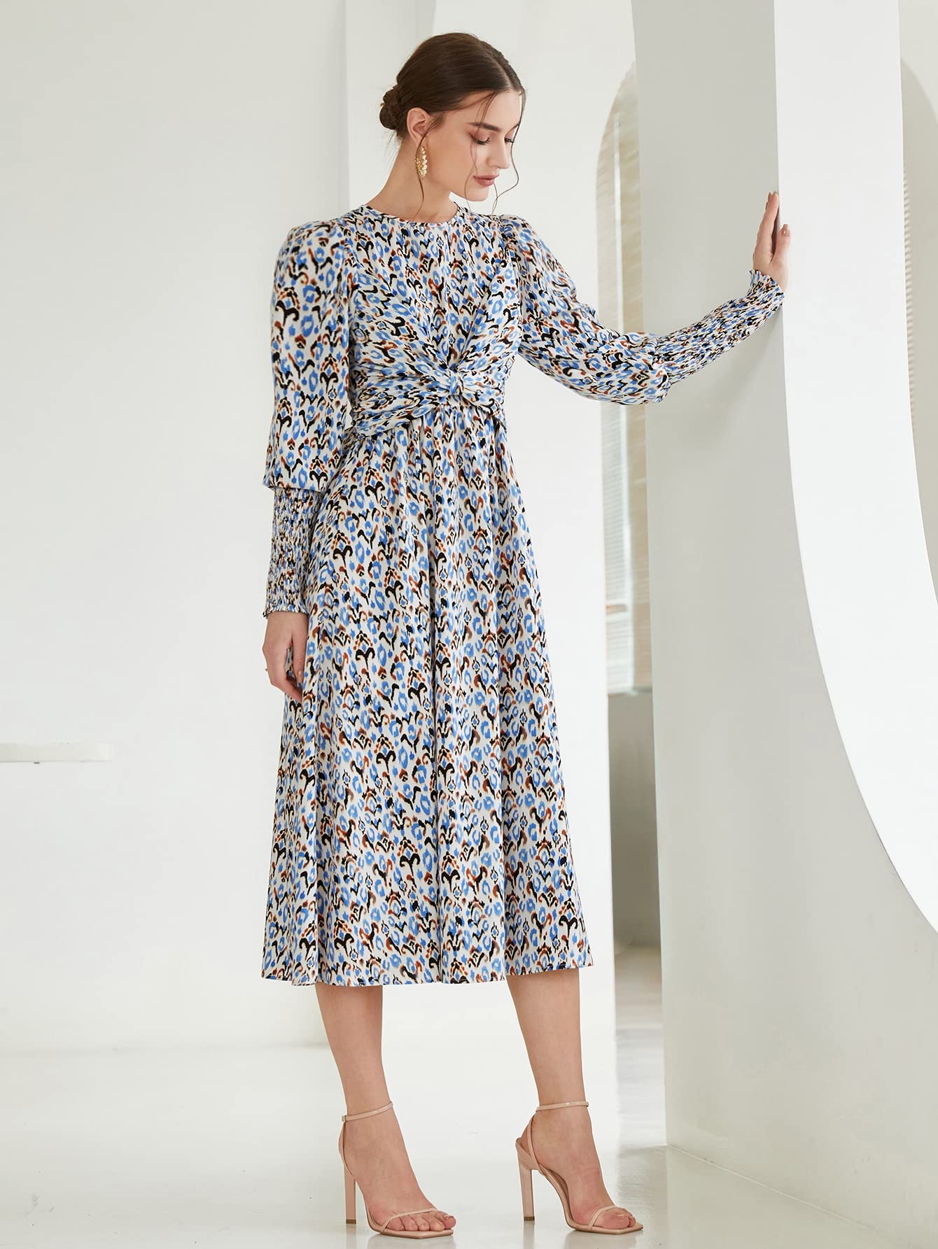 OFUNGO Women's Floral Print Shirred Cuff Gigot Sleeve Dress - XL | Elegant Boho Summer Dress for Beach, Party & Casual Wear