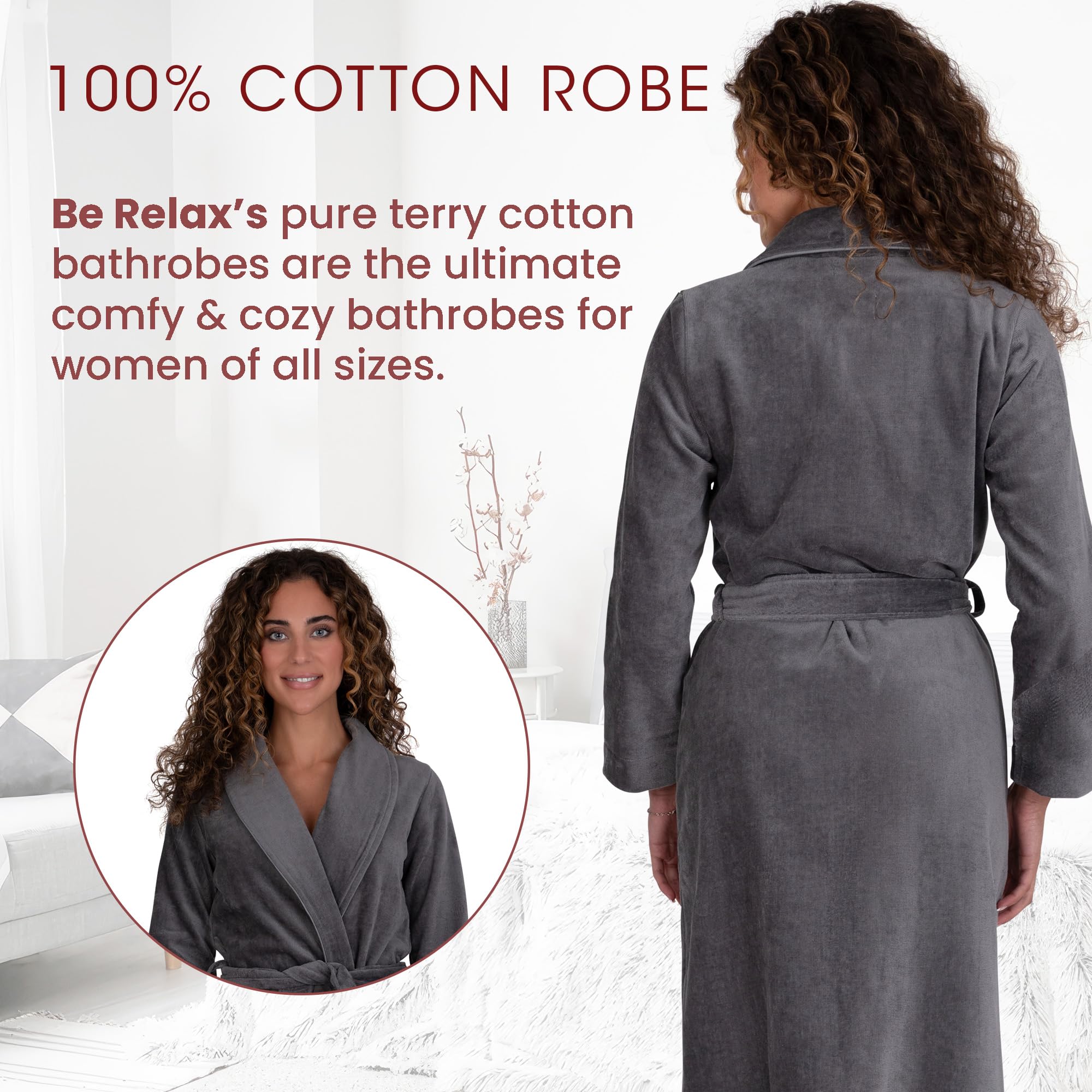 Be Relax Women's Soft Terry Cloth Bathrobe - Knee Length Spa Robe with Belt & Front Pockets | Cozy Loungewear for Home, Hotel & After Shower Relaxation