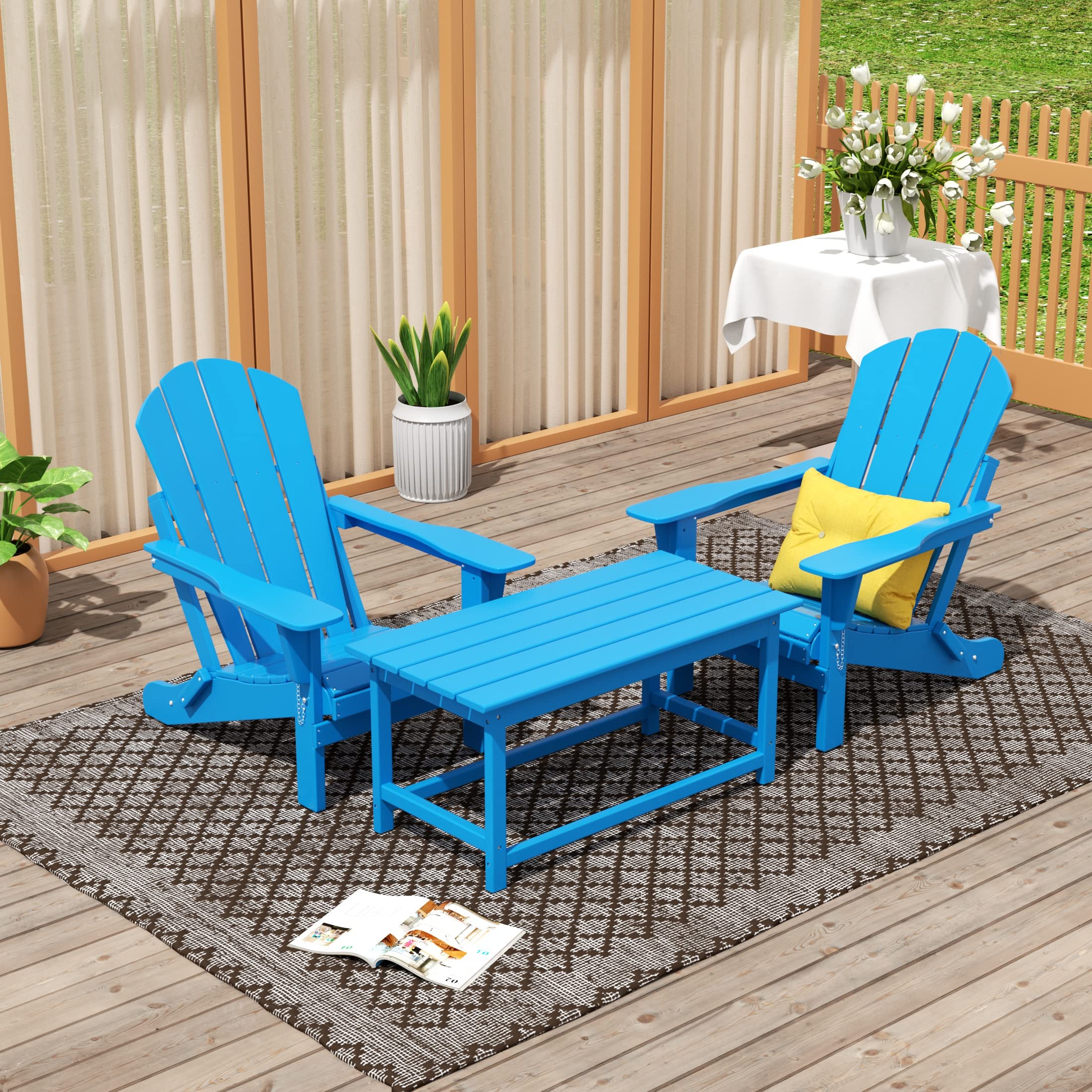 WO Adirondack Chairs Set of 3 - Outdoor Folding Furniture for Garden, Patio & Camping (Pacific Blue)