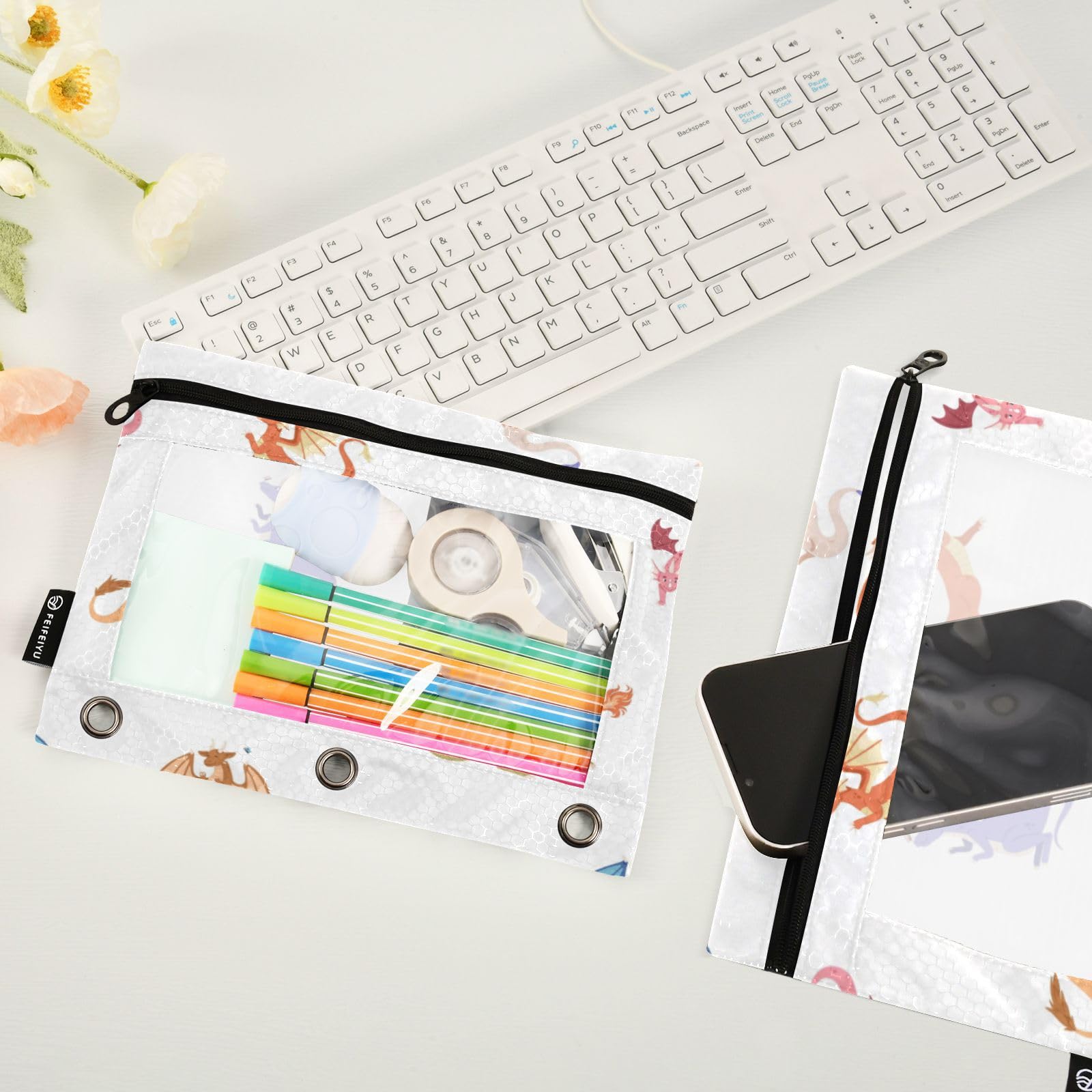 Cute Dragon Pencil Pouch for 3-Ring Binder - 2 Pack with Clear Window - Perfect for School & Office Supplies