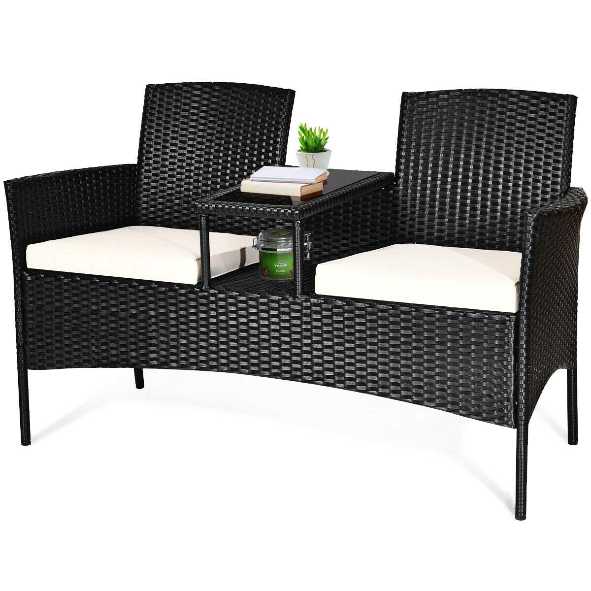 RELAX4LIFE Outdoor Rattan Wicker Conversation Set with Coffee Table & 2 Removable Cushion Chairs - Patio, Garden, Balcony Furniture for Relaxing - Loveseat in Black & Beige - Perfect for Backyard, Porch or Poolside Lounging