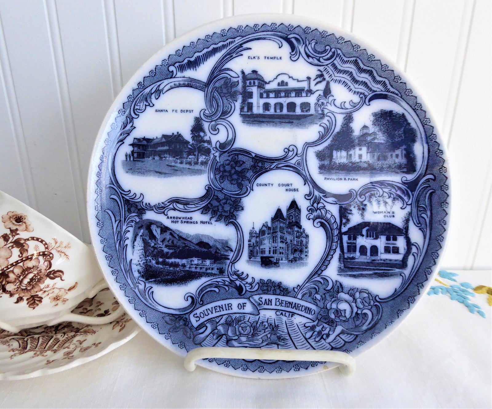 Antique English Flow Blue Transferware Plate - San Bernardino California 1890s Victorian Style for Home Decor & Collectibles