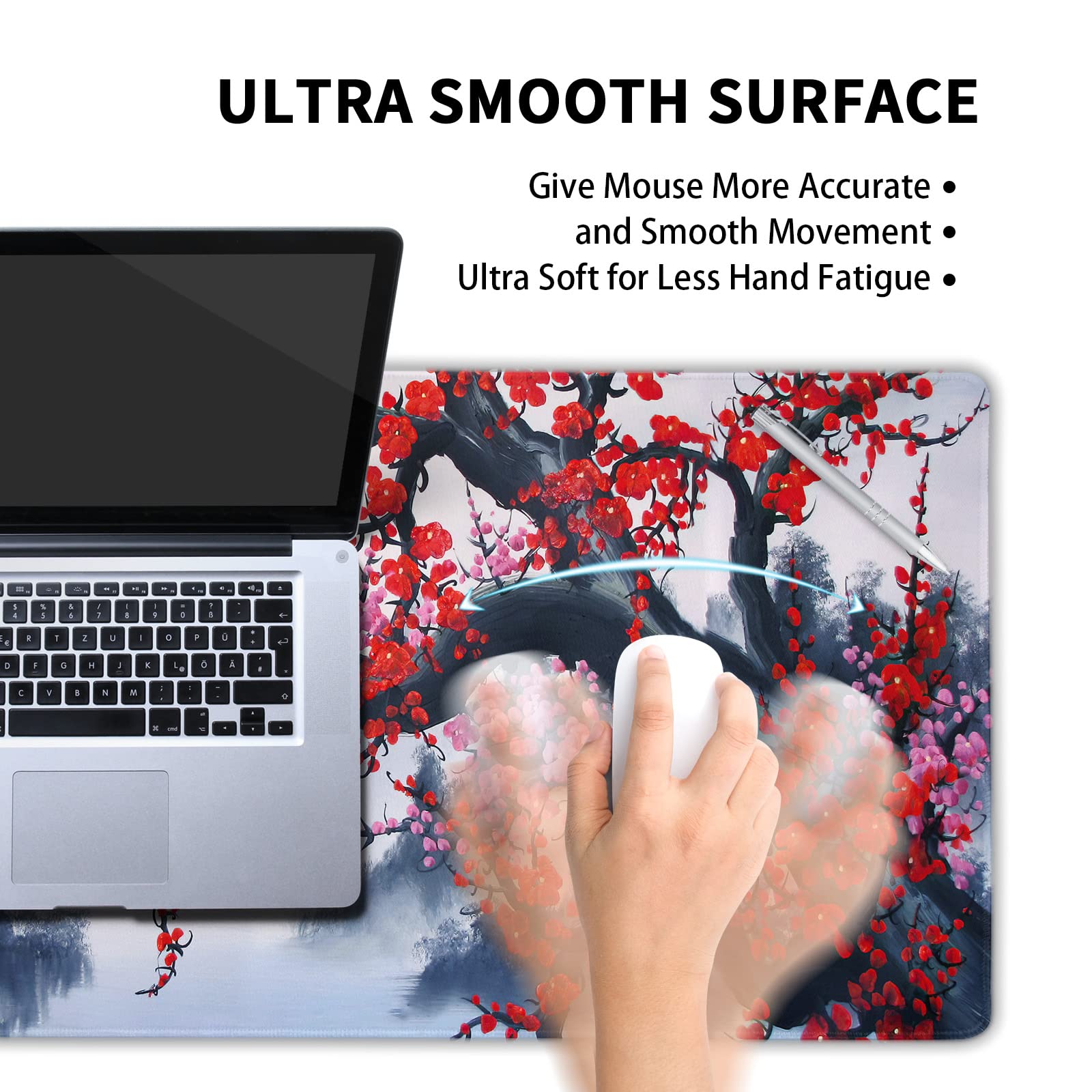 Japanese Cherry Blossom Watercolor Extended Mouse Pad - 90x40cm (35.4x15.7 Inch) Non-Slip Rubber Base Desk Mat with Stitched Edges for Gaming, Office & Home Use - Perfect for Keyboard, Laptop & Computer Workstations