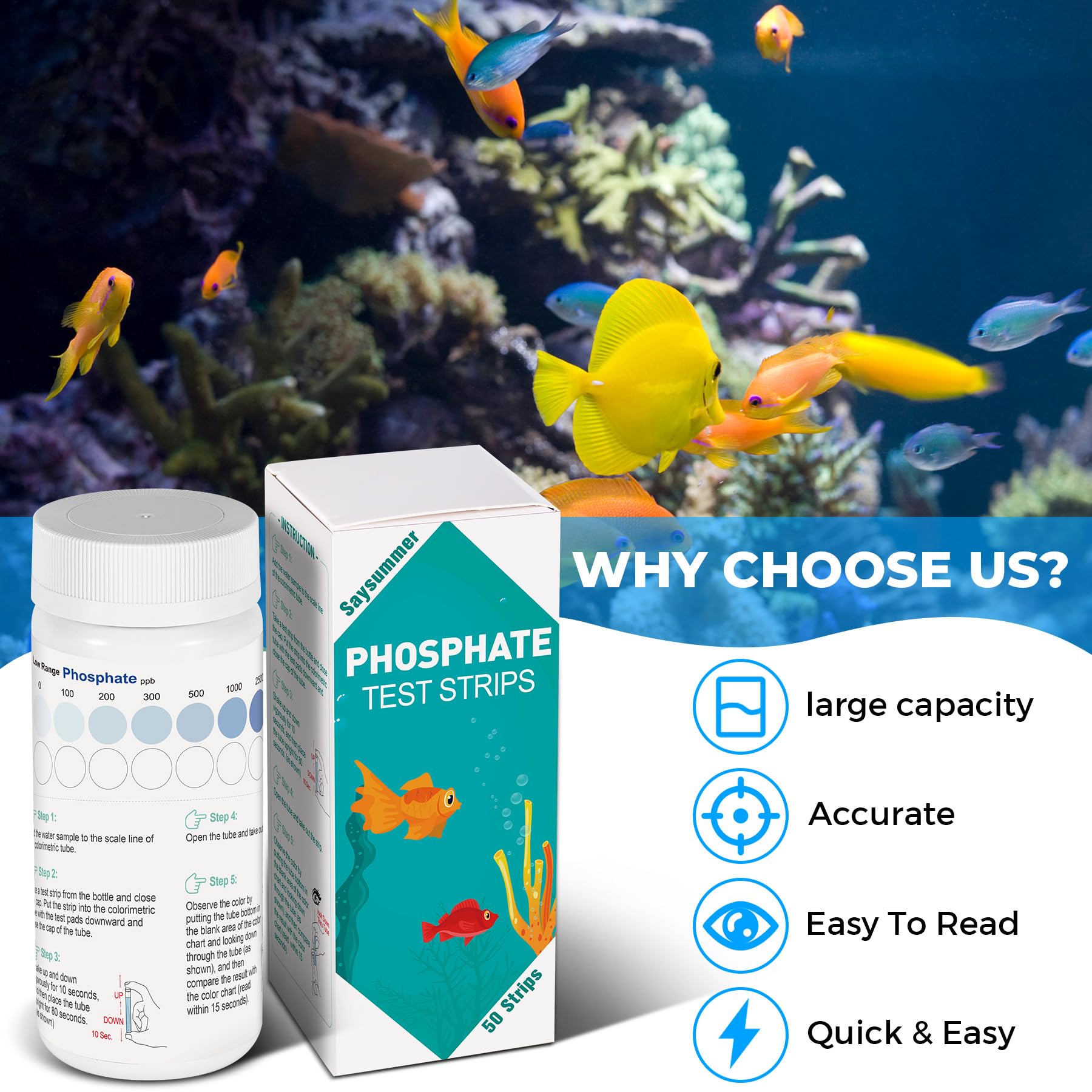 **50-Count Aquarium Phosphate Test Strips | Fast & Easy Freshwater & Saltwater Testing Kit | Monitor Water Quality for Fish Tanks & Ponds**