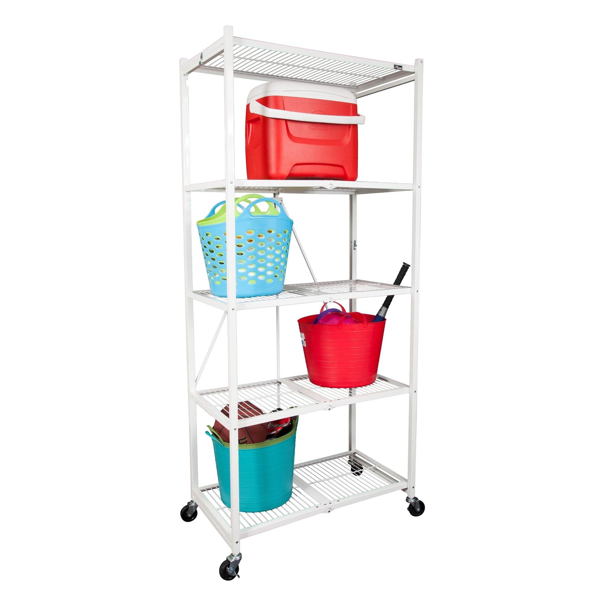 Foldable 5-Tier Storage Shelf with Wheels - No Assembly Needed, White & Multiple Colors - Space-Saving Organizer for Home, Kitchen, Office, Garage & Dorm Room