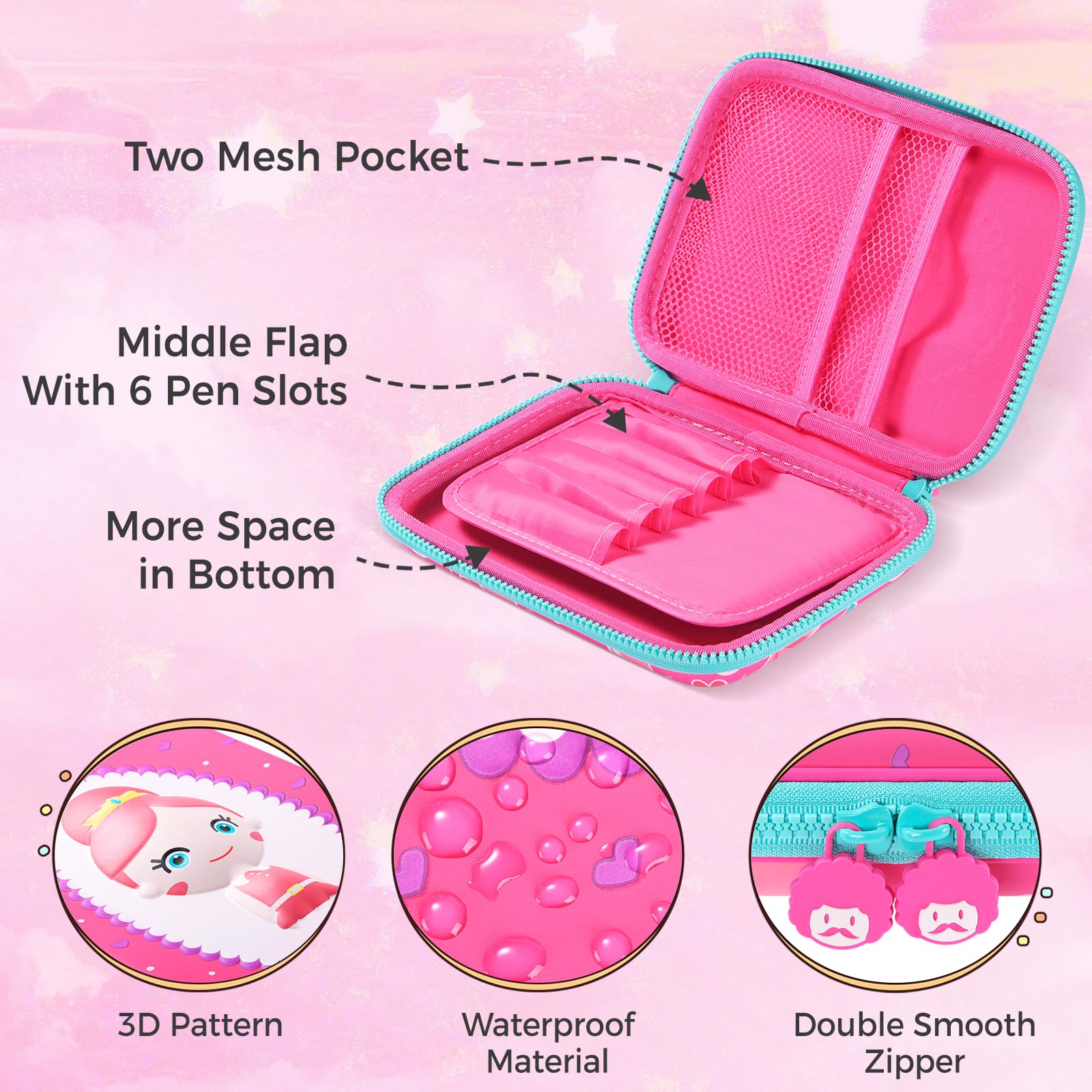 Rockpapa Large Capacity Princess Pencil Case - Cute Pencil Box & School Supply Organizer for Girls, Teens, Kids & Toddlers (Pink) - Perfect for School, Home & Travel Use
