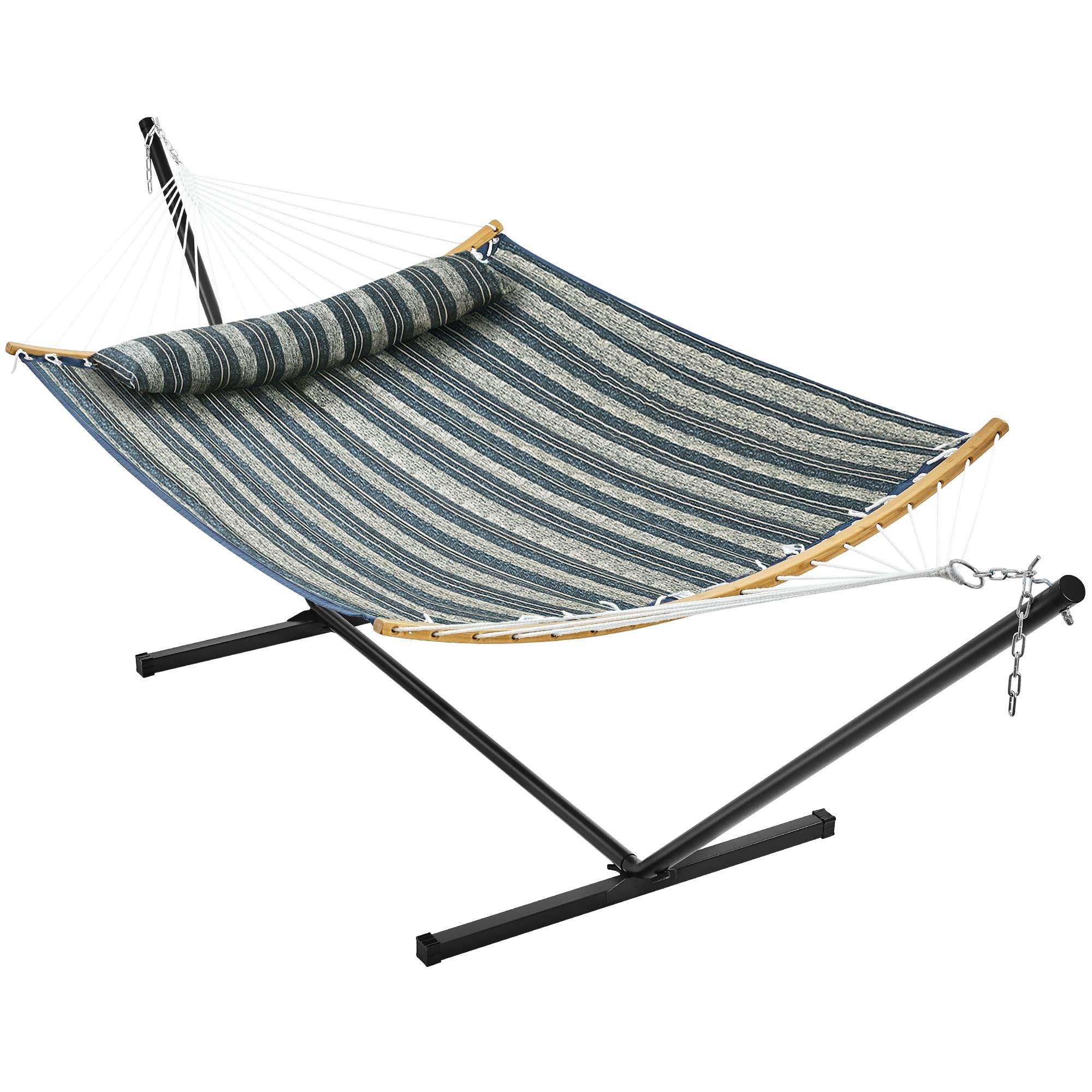 Yaheetech Heavy-Duty 475Lb Capacity Hammock with Stand Set - Padded Steel Frame Outdoor/Indoor Hanging Bed with Pillow & Carry Bag for 2-3 People, Blue Gray Stripe | Perfect for Backyard Relaxation, Camping Trips & Patio Lounging