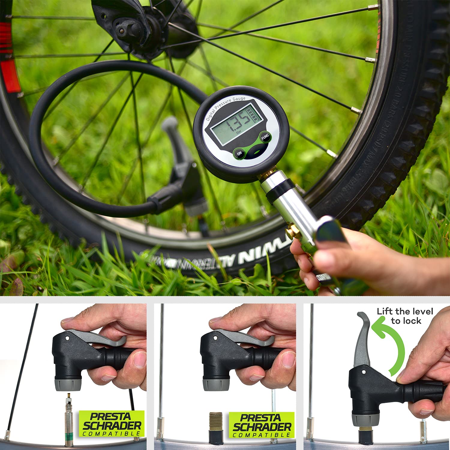 Digital Bicycle Tire Inflator Gauge with Auto-Select Valve - Presta & Schrader Compatible Air Pump for Road Bikes, Mountain Bikes & E-Bikes | Portable Bike Accessories for Cycling, Commuting & Outdoor Adventures