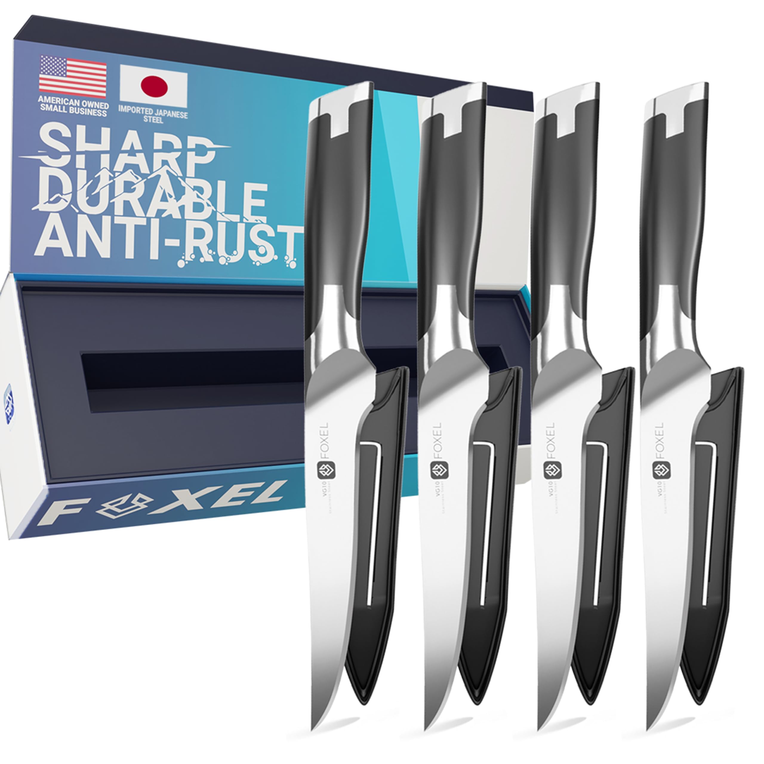 FOXEL Premium Steak Knife Set - 4, 8, or 12 Piece Non-Serrated Straight Edge Razor Sharp Knives - Japanese VG10 Stainless Steel Rust Resistant - Gift Box Included - Hand Wash Only - Perfect for Steak Dinners, BBQ Parties & Fine Dining Experience