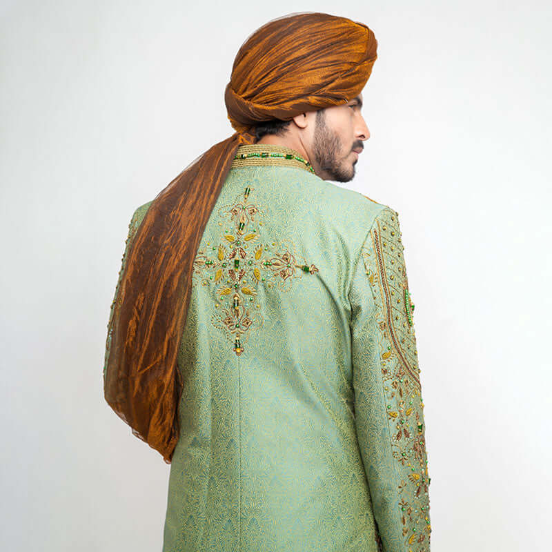 Dark Pistachio Green Pure Jamavar Silk Sherwani for Men - Elegant Indian Wedding Attire & Formal Occasions