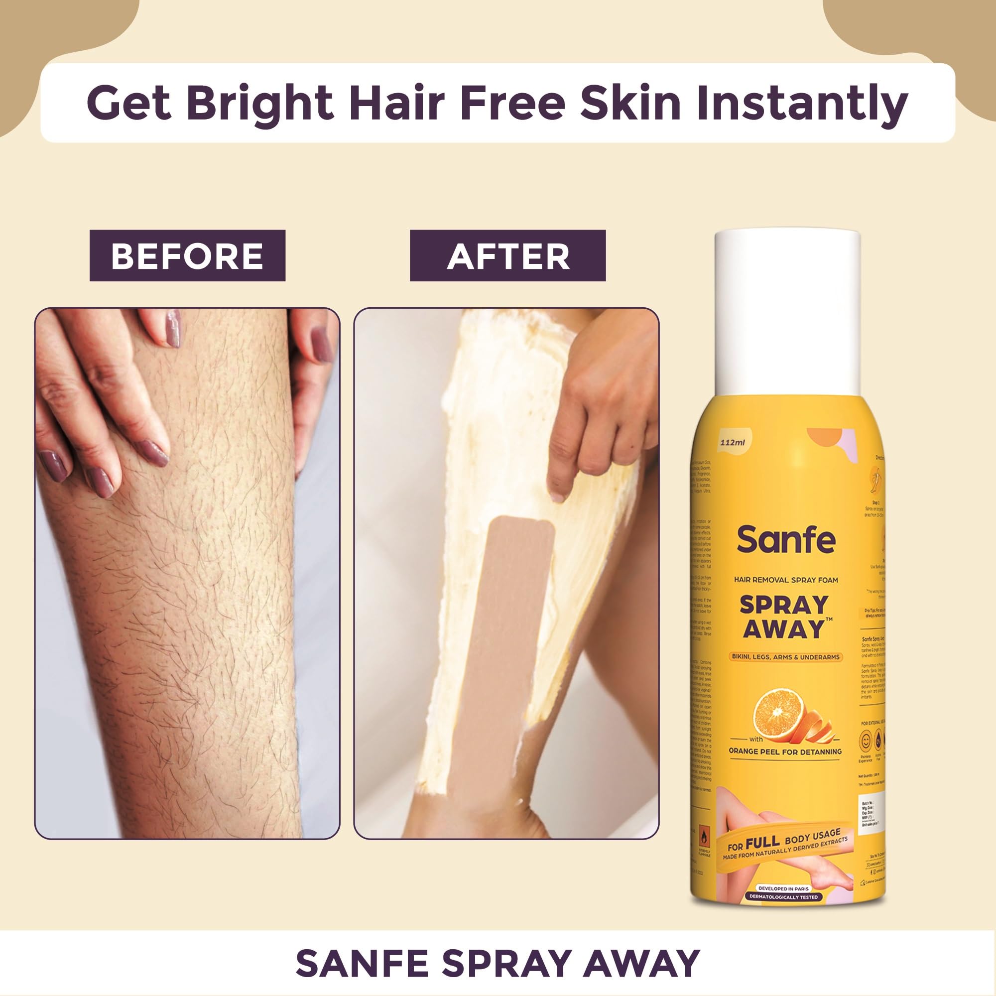 Sanfe Painless & Detan Hair Removal Spray Cream - 112ml | Fast Hair Remover for Chest, Legs, Arms & Underarms | Works in 10 Minutes with Skin Brightening | Enriched with Orange Peel, Aloe Vera, Vitamin E & Niacinamide | Perfect for Smooth Skin Before Beach Trips & Summer Outfits