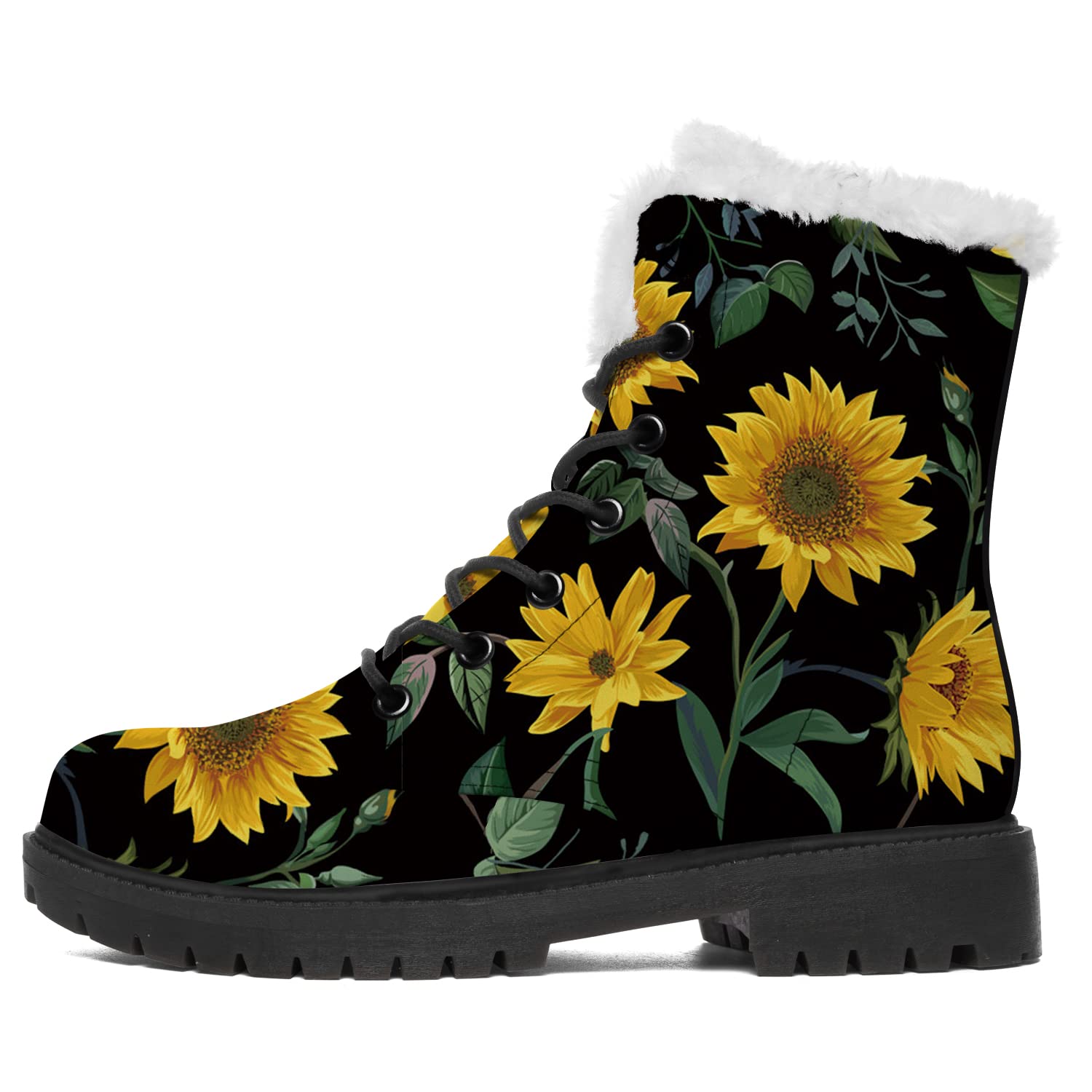 Women's & Men's Sunflower Print Snow Boots - Fur Lined Winter Combat Boots, Mid Calf Vegan Leather Ankle Boots for Cold Weather | Perfect Holiday Gifts for Outdoor Activities & Snow Adventures
