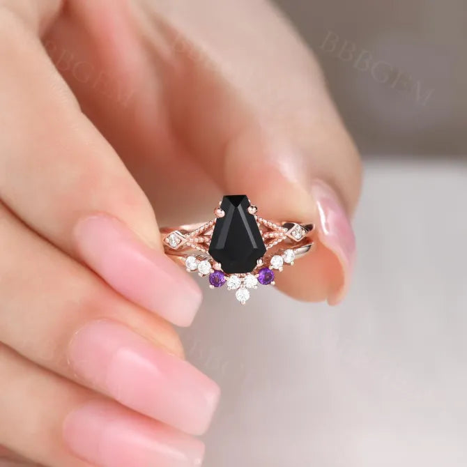 Vintage Coffin Cut Black Onyx & Amethyst Ring Set - Unique 9x6mm Gothic Jewelry for Women - Perfect for Halloween, Dark Aesthetic & Alternative Fashion Lovers