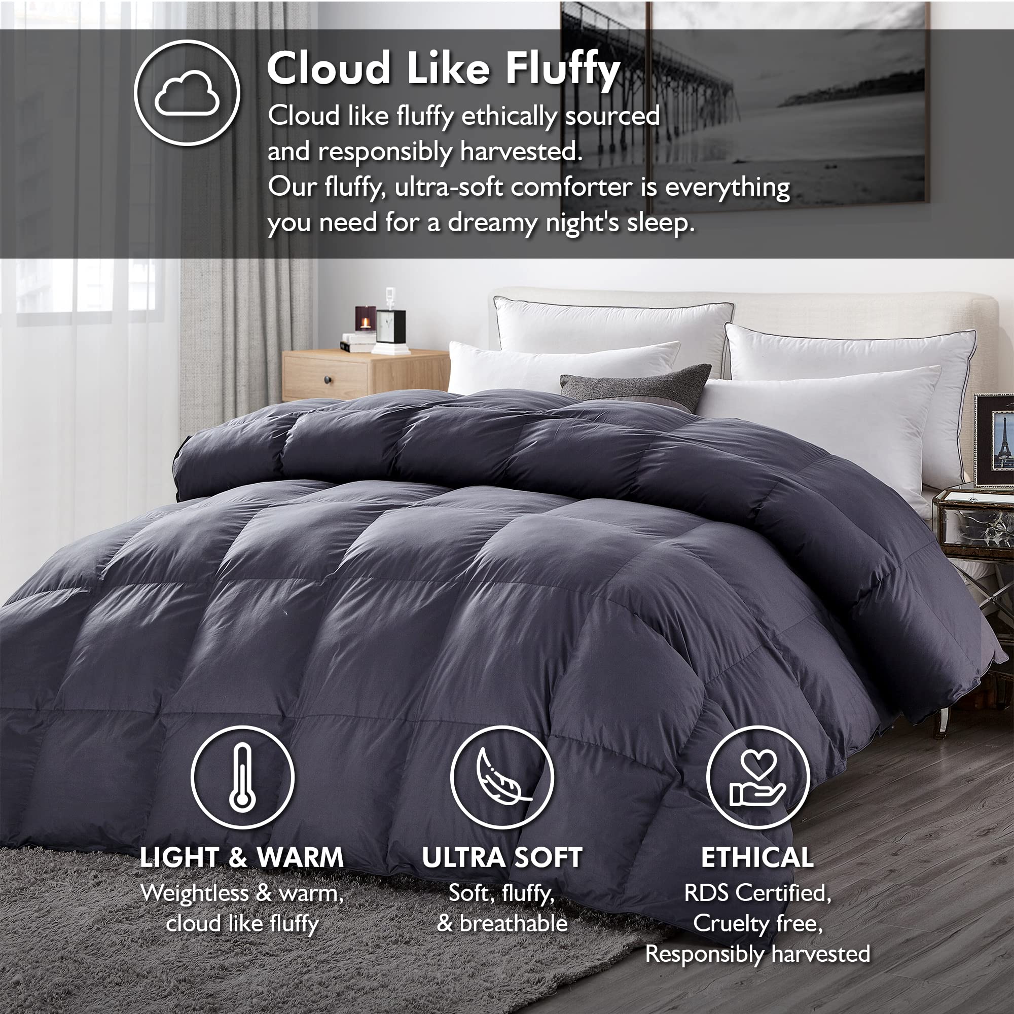 Premium Queen Size Goose Down Alternative Comforter - Hypoallergenic & Breathable 60 oz Fill, 100% Egyptian Cotton Duvet Cover (Queen, Gray) - Perfect for All-Season Comfort in Bedrooms & Guest Rooms