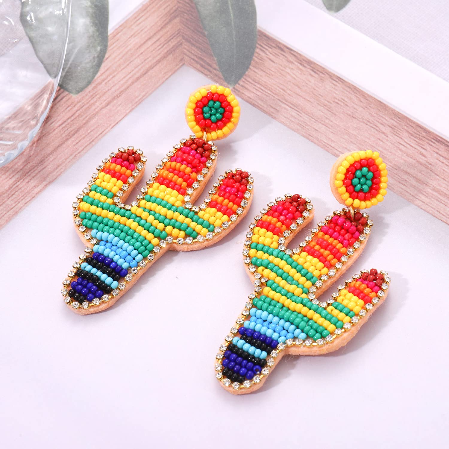 Boho Beaded Cactus Drop Earrings for Women - Rhinestone Rainbow Dangle Earrings, Handmade Jewelry for Girls | Perfect for Festivals, Parties & Boho Fashion