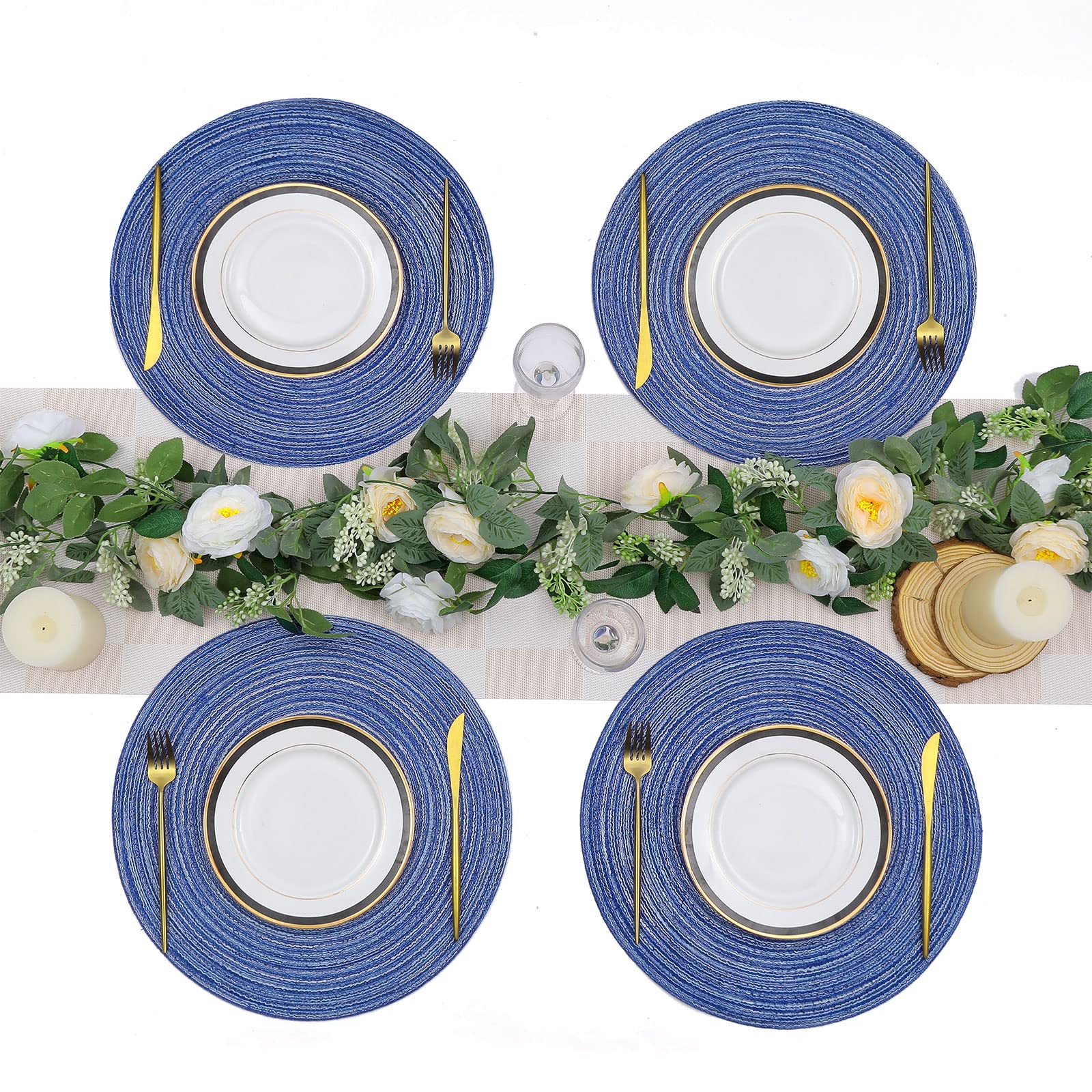 SHACOS 15 Inch Round Braided Placemats Set of 6 - Washable Cotton Table Mats for Kitchen, Dining, Home Decor - Perfect for Wedding, Party & Everyday Use (Blue & White)