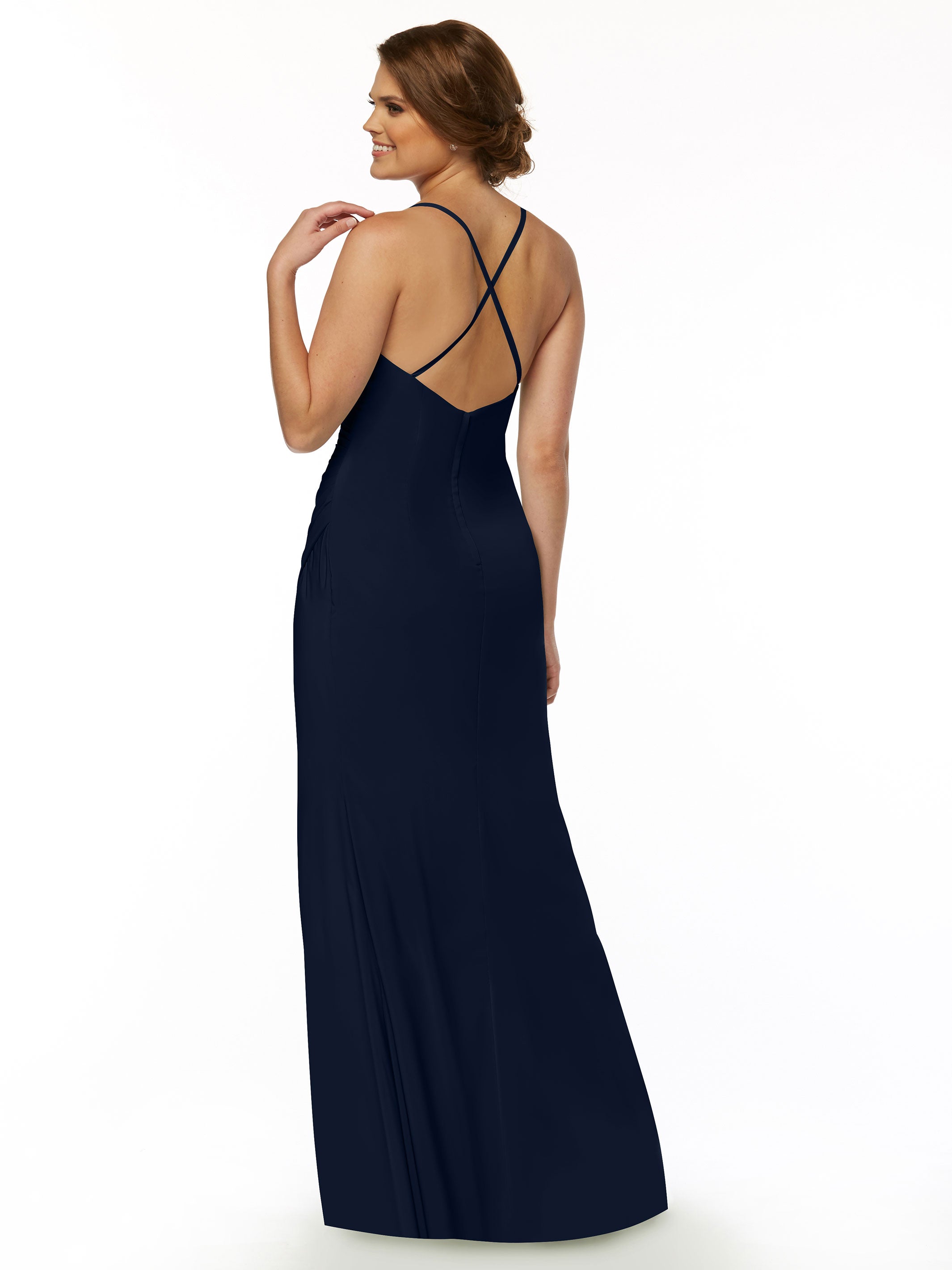 Elegant 80114 Stretch Chiffon Sheath Bridesmaid Dress with Ruching and High Slit - Perfect for Weddings, Formal Events & Evening Parties