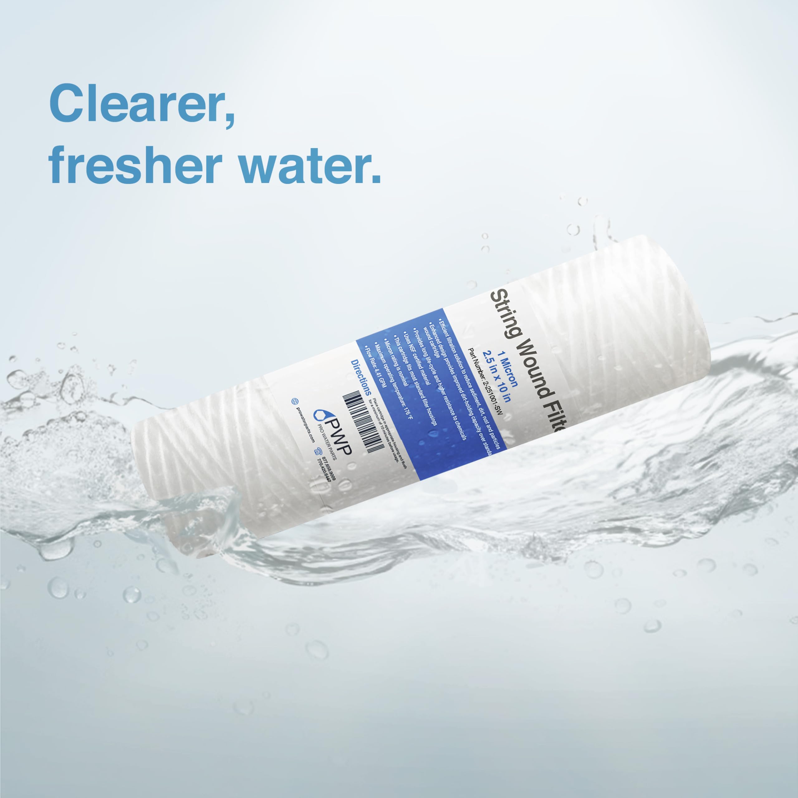 String Wound Sediment Water Filter Cartridge 2.5x10 Inch 1 Micron 50 Pack – Ideal for Whole House Filtration, Well Water, and Industrial Applications