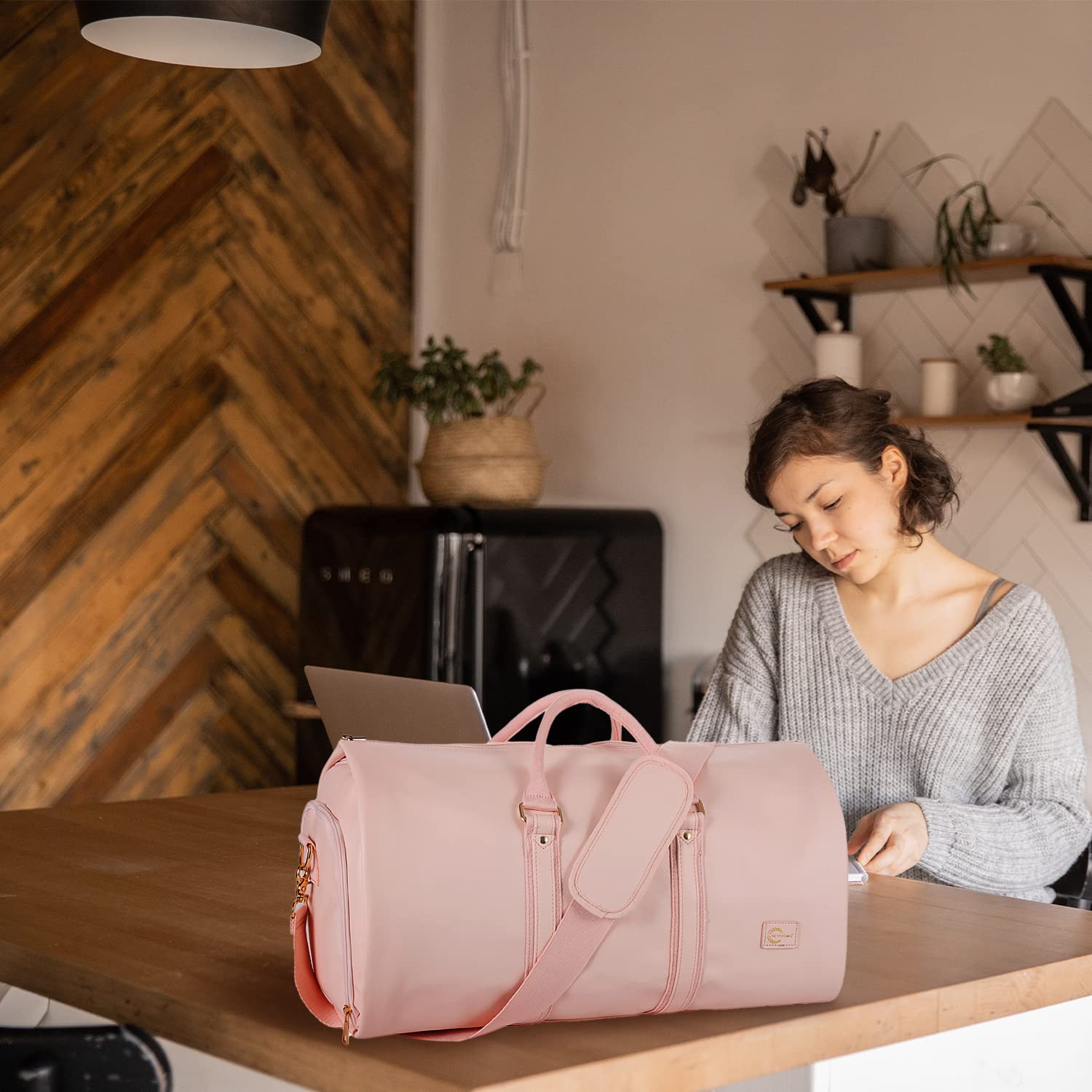 Premium Leather Convertible Carry-On Garment Bag for Women - 2-in-1 Hanging Suitcase with Shoe Pouch | Travel Duffle Bag for Business Trips, Weddings & Vacations | Stylish Pink Women's Travel Accessory Gift
