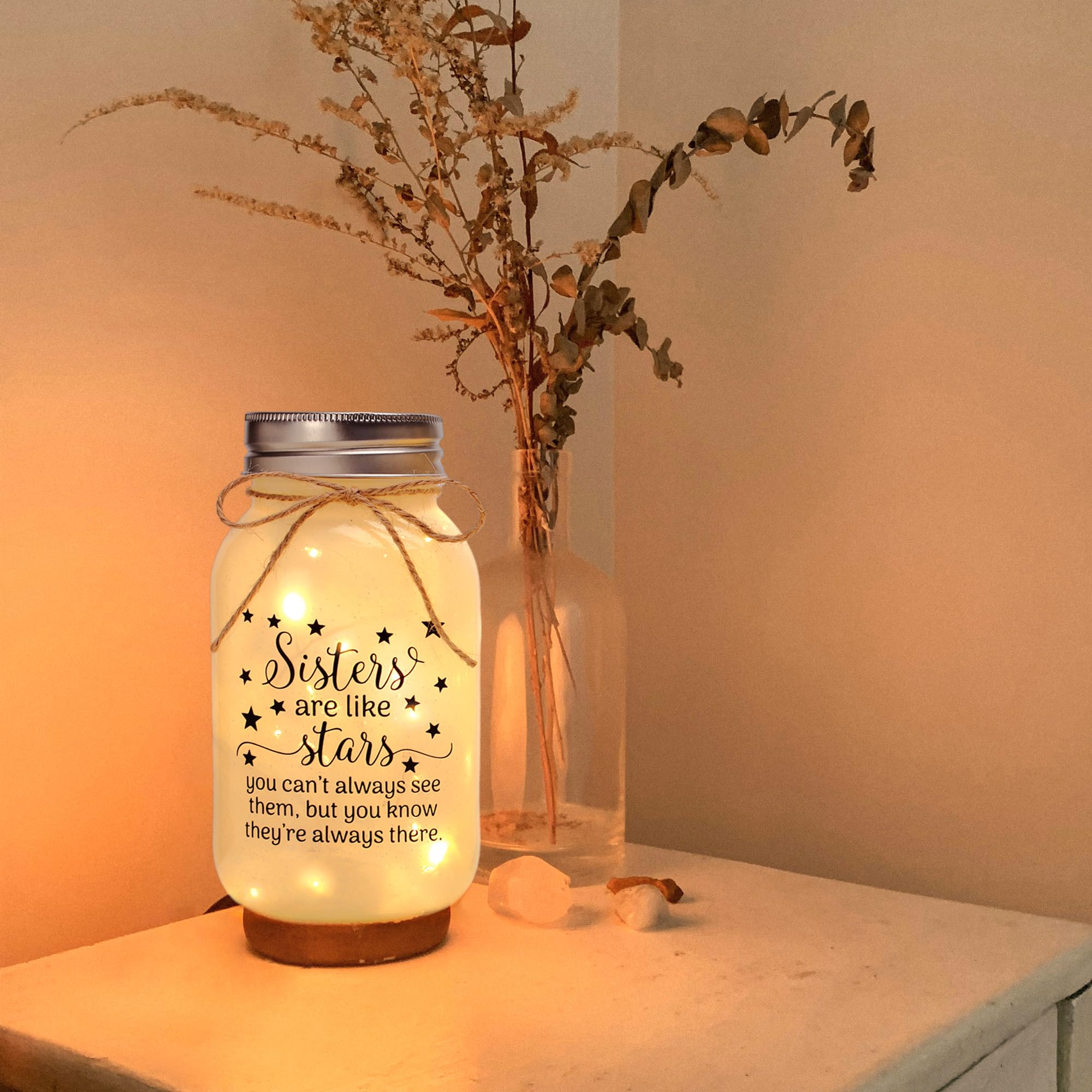 Mason Jar Night Light - Warm LED Decorative Light for Sister, Best Friend, BFF - Perfect Birthday Gift, Room Decor, Bedside Lamp for Bedroom, Nursery, Dorm
