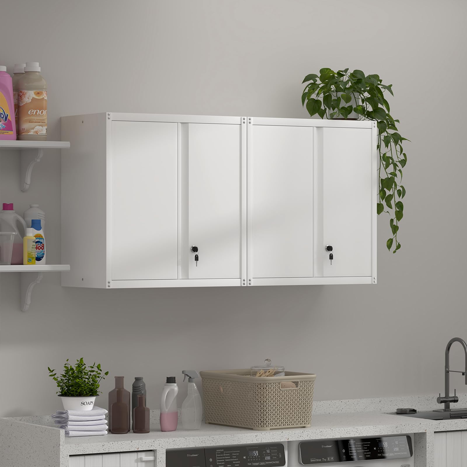 White Metal Wall Cabinet - 2 Door Steel Storage Hanging Cabinet for Office, Home, Kitchen & Bathroom - Durable Wall Mounted Organizer for Shelves, Towels & Supplies