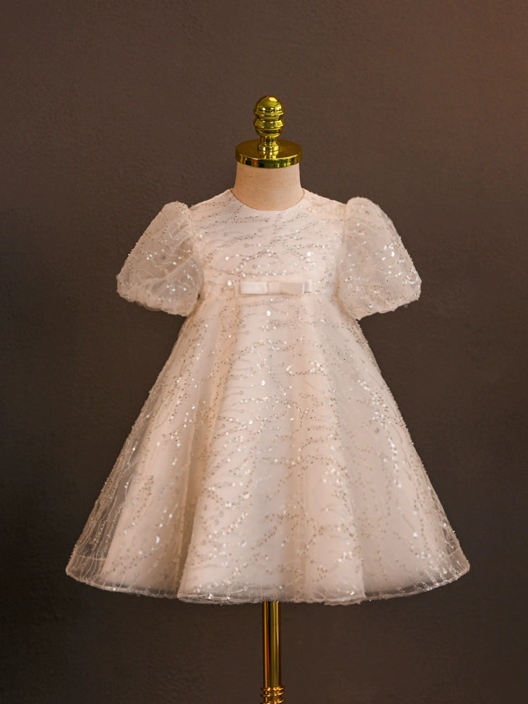 White Princess Round Tea Length Tulle Flower Girl Dress - Perfect for Weddings, Bridal Showers & Special Occasions