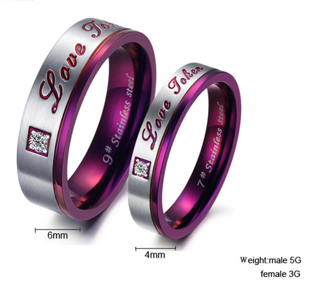 Purple Titanium Stainless Steel Couple Rings for Men & Women - CZ Inlaid Engagement Wedding Promise Bands - Unique Matching Jewelry Gift for Anniversaries, Valentine's Day & Romantic Occasions