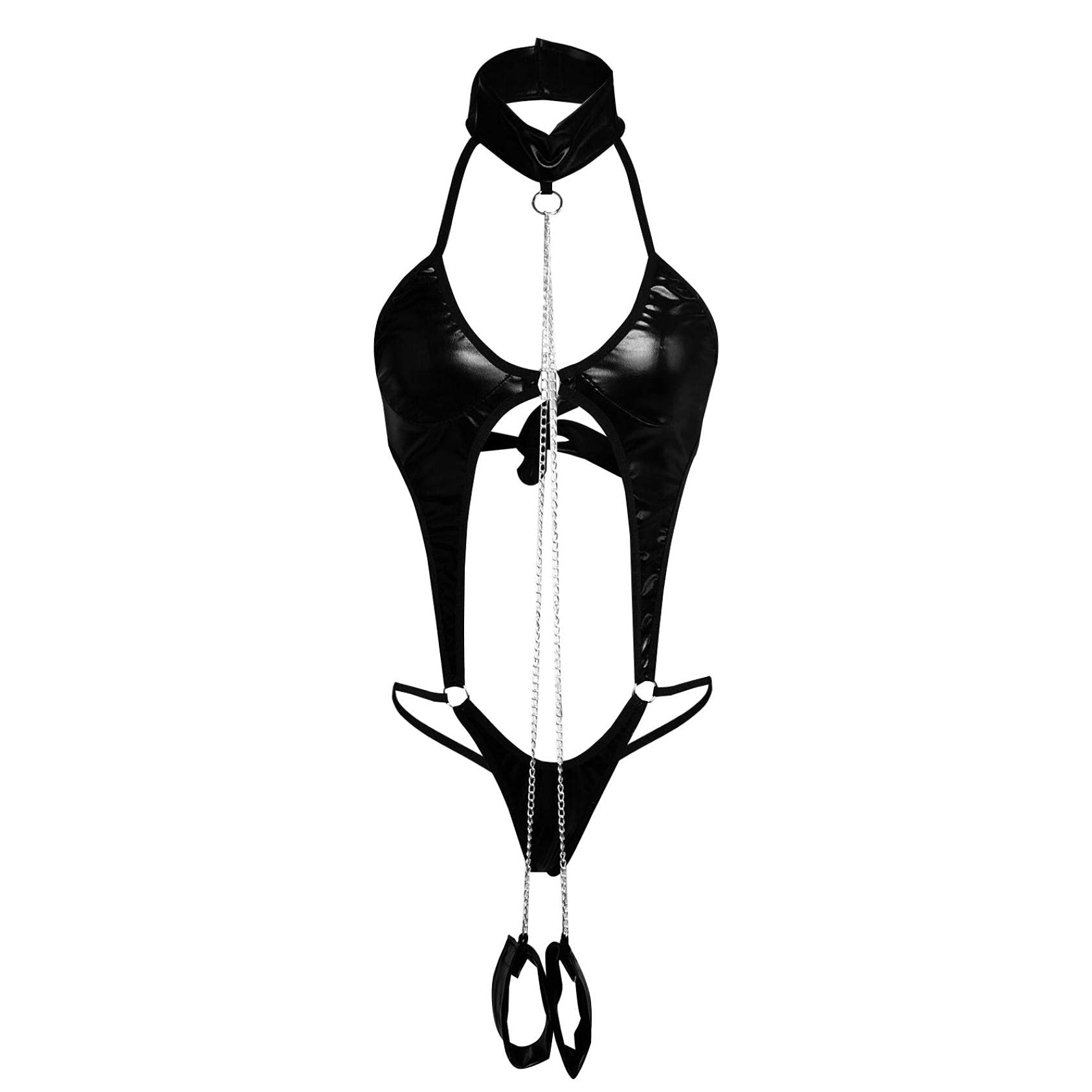 Sexy Leather Lingerie Set for Women - Hollow SM Bodysuit with Collar & Thong - Perfect for Role Play, BDSM, and Intimate Nights