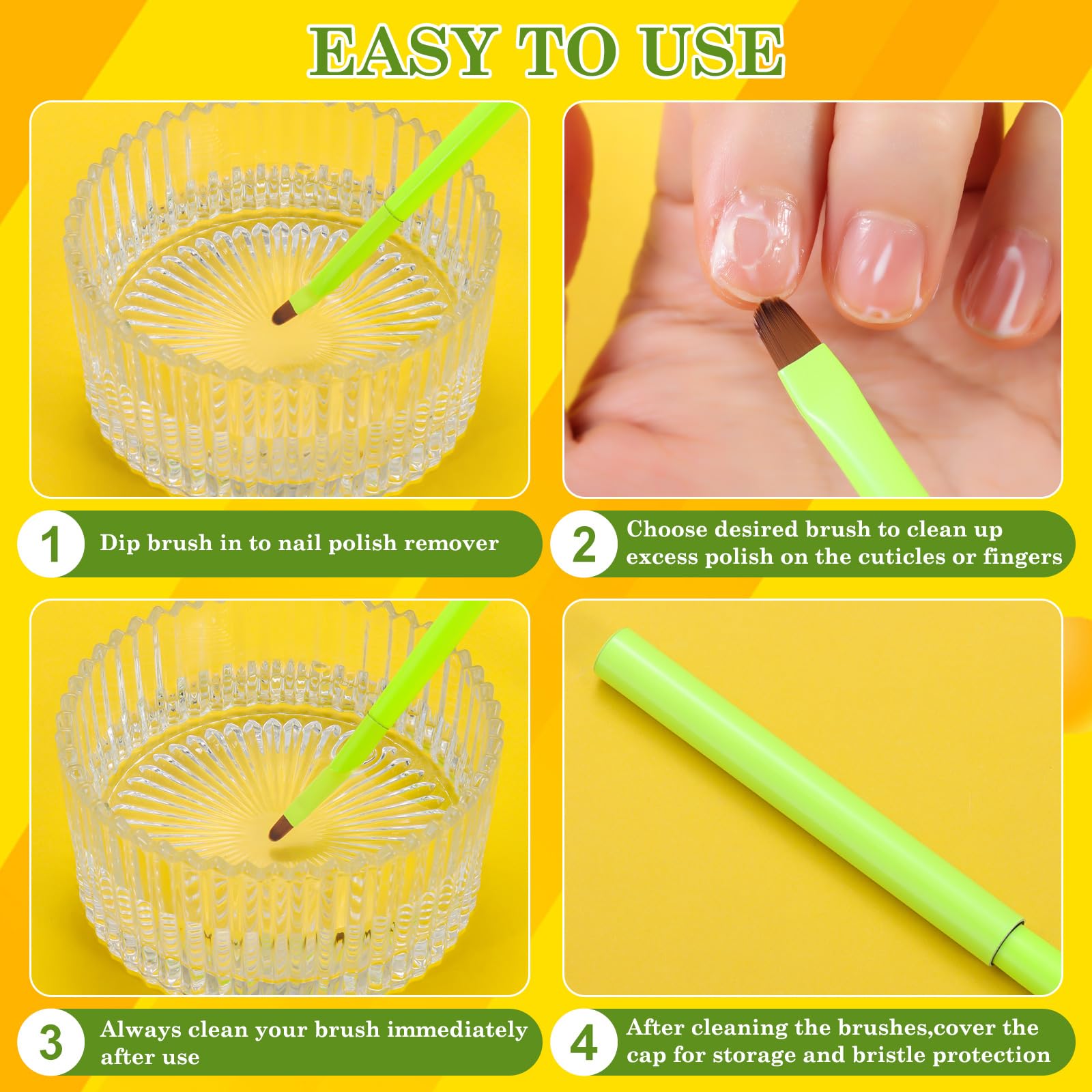 3PCS Nail Clean Up Brushes - Acetone Resistant for Nail Art & Polish Mistakes (Fluorescent Green) - Perfect for Salon & Home Manicures
