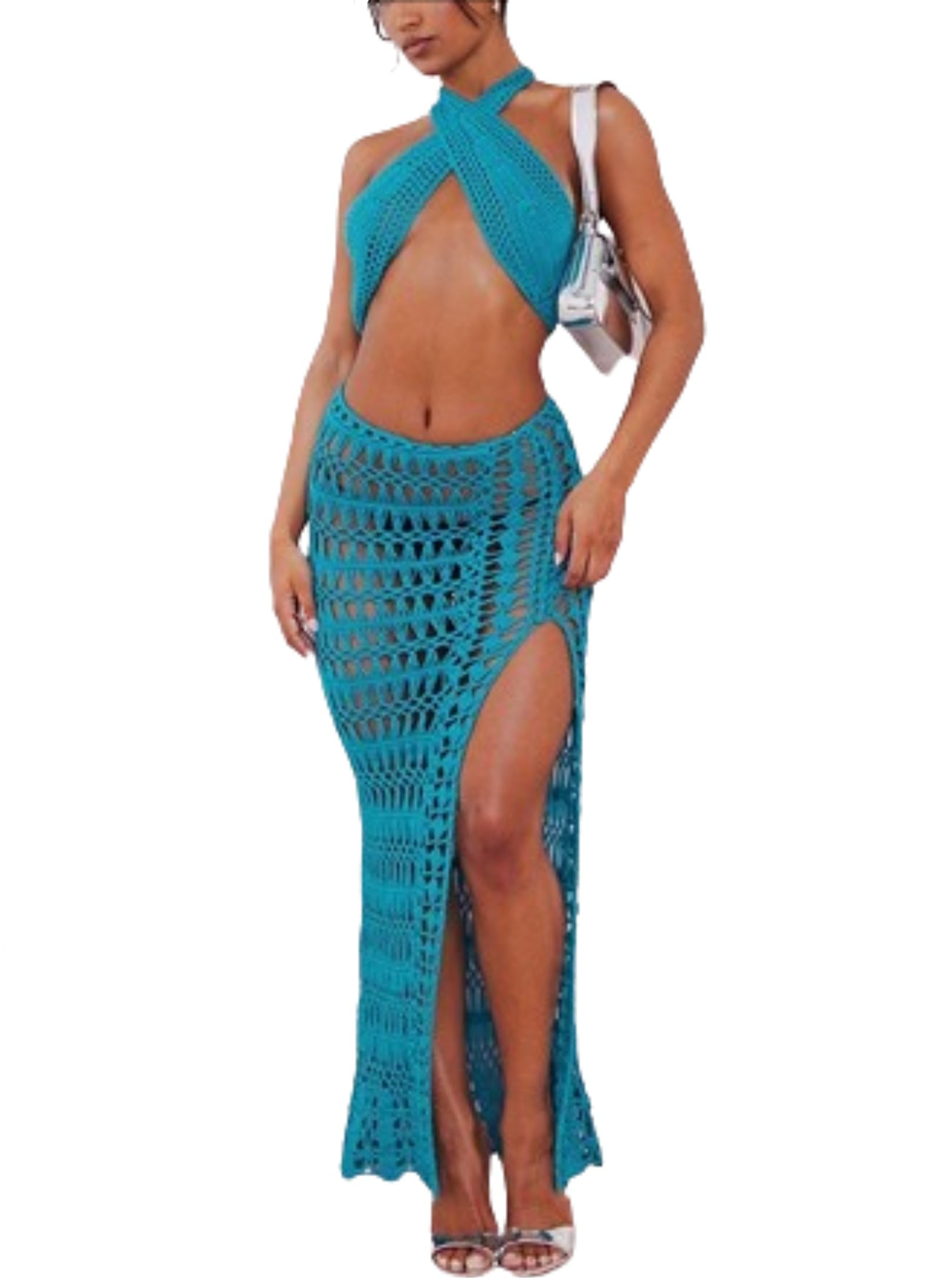 Sexy Women's 2-Piece High-Slit Maxi Skirt Set - Halter Bodycon Hollow Out Knit Beach Outfit Y2K Top | Perfect for Summer Vacations, Pool Parties & Night Out